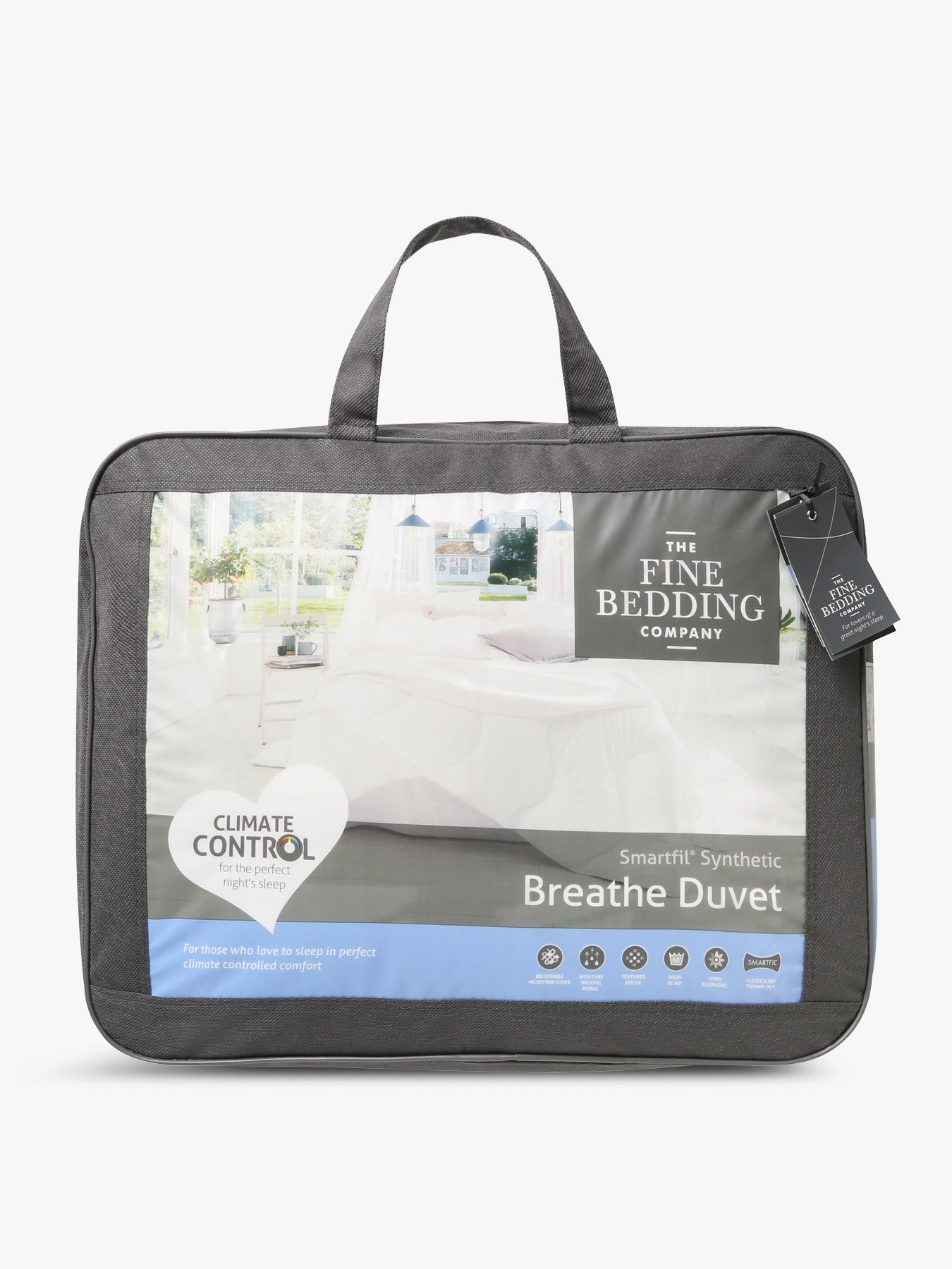 Packaged duvet with a label showing the brand 'The Fine Bedding Company' and the product name 'Breathe Duvet'.