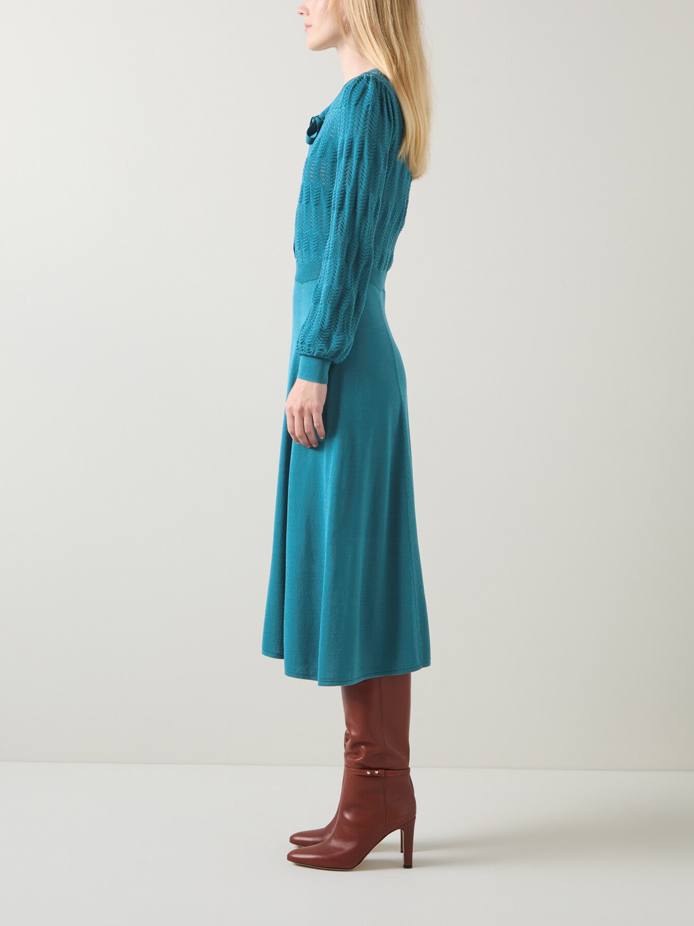 Susannah Dark Teal Tie Neck Pointelle Fit And Flare D