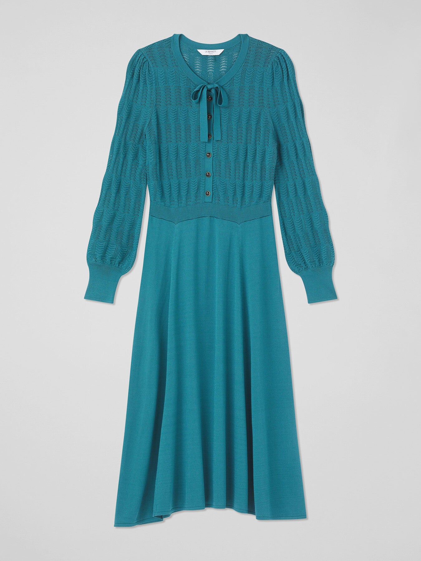 Susannah Dark Teal Tie Neck Pointelle Fit And Flare D