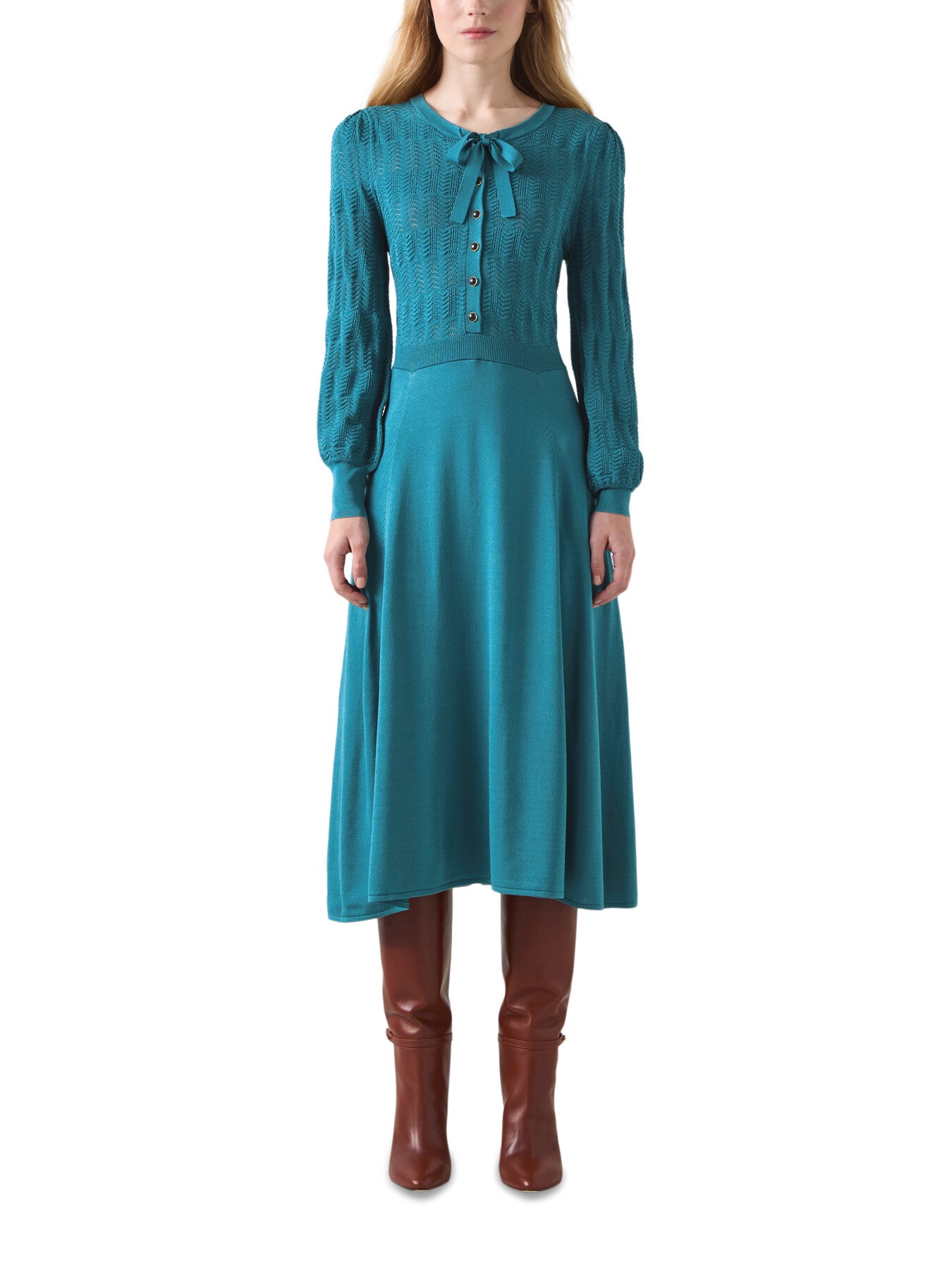 Susannah Dark Teal Tie Neck Pointelle Fit And Flare D