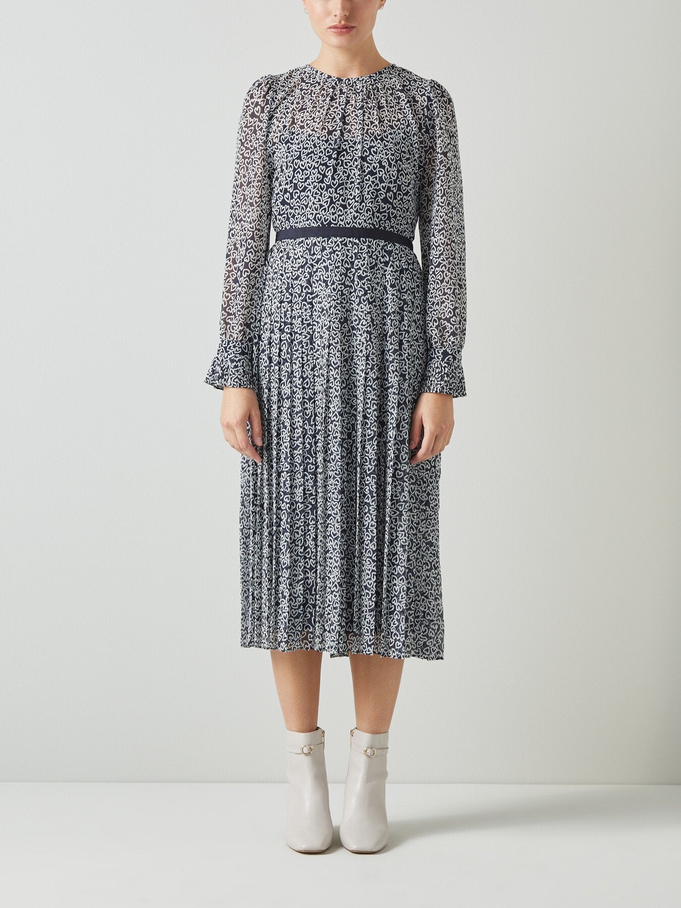Estelle Navy And Cream Heart Print Pleated Dress