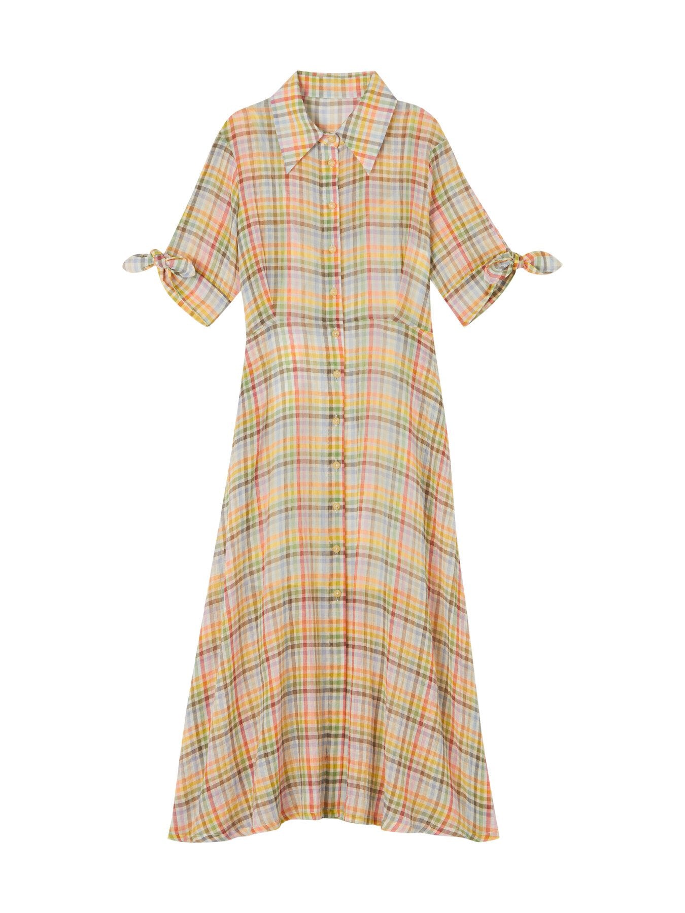Saffron Gingham Seersucker Cotton Shirt Dress