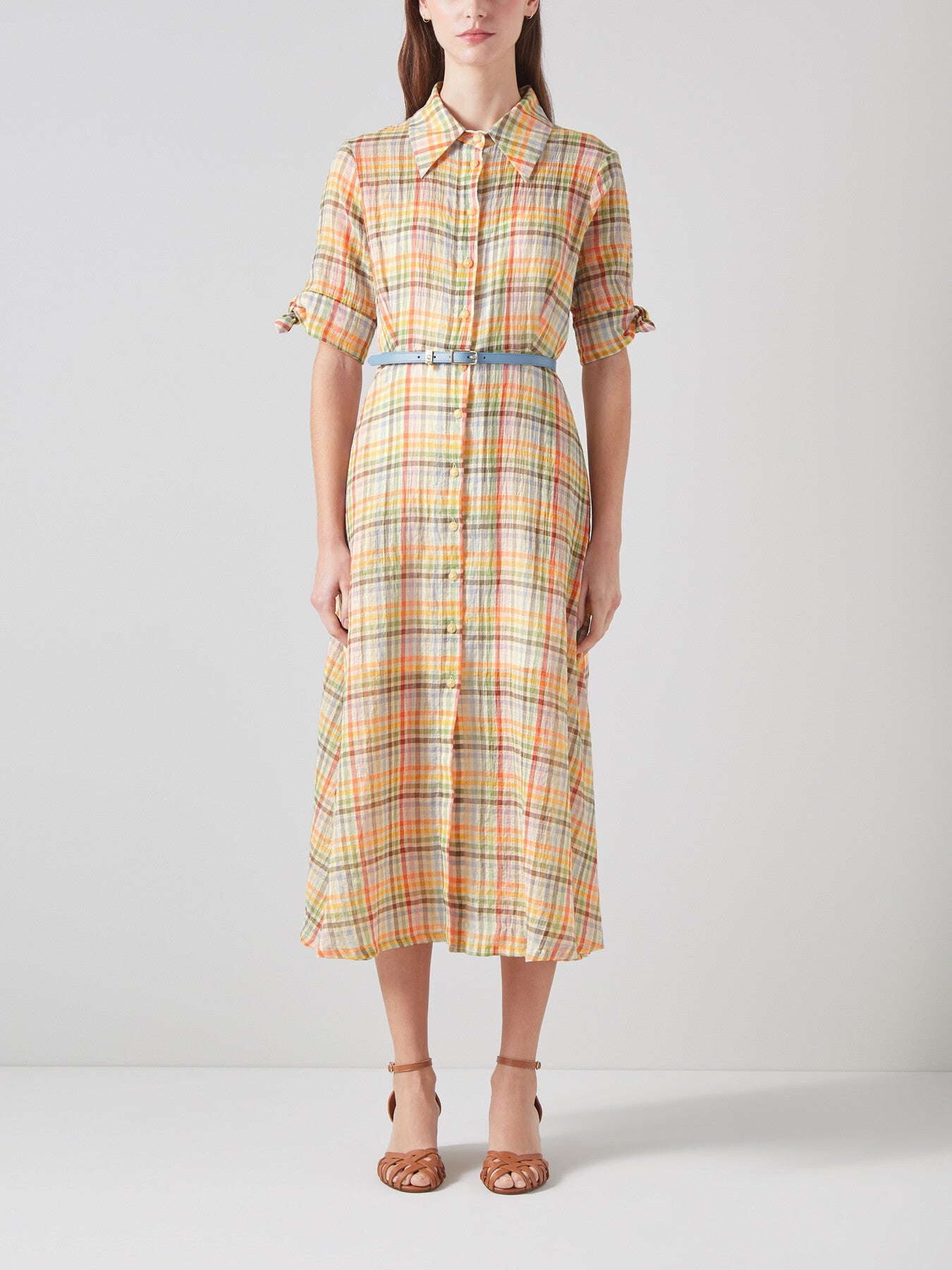 Saffron Gingham Seersucker Cotton Shirt Dress