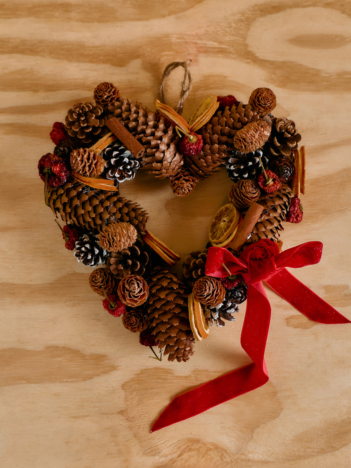 Cone And Orange Twig Heart Christmas Decoration 25cm