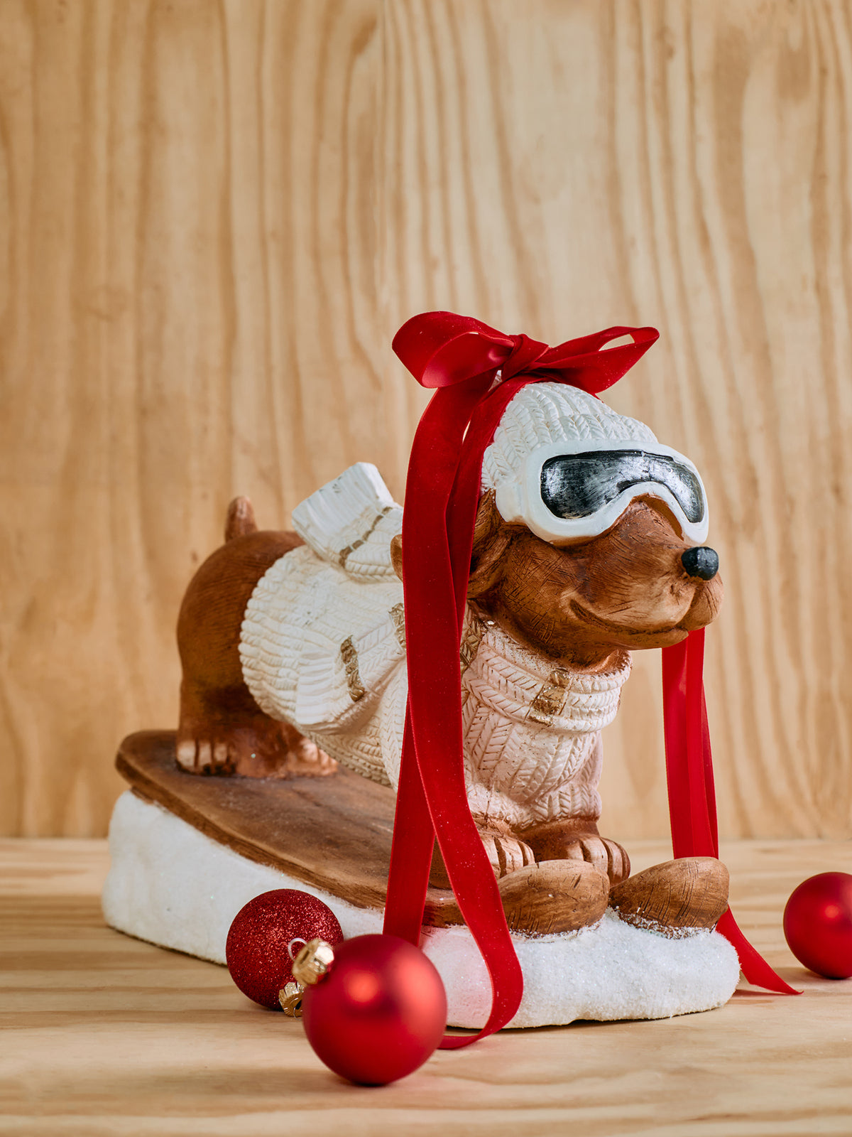 Skiing Dog Christmas Decoration Cream
