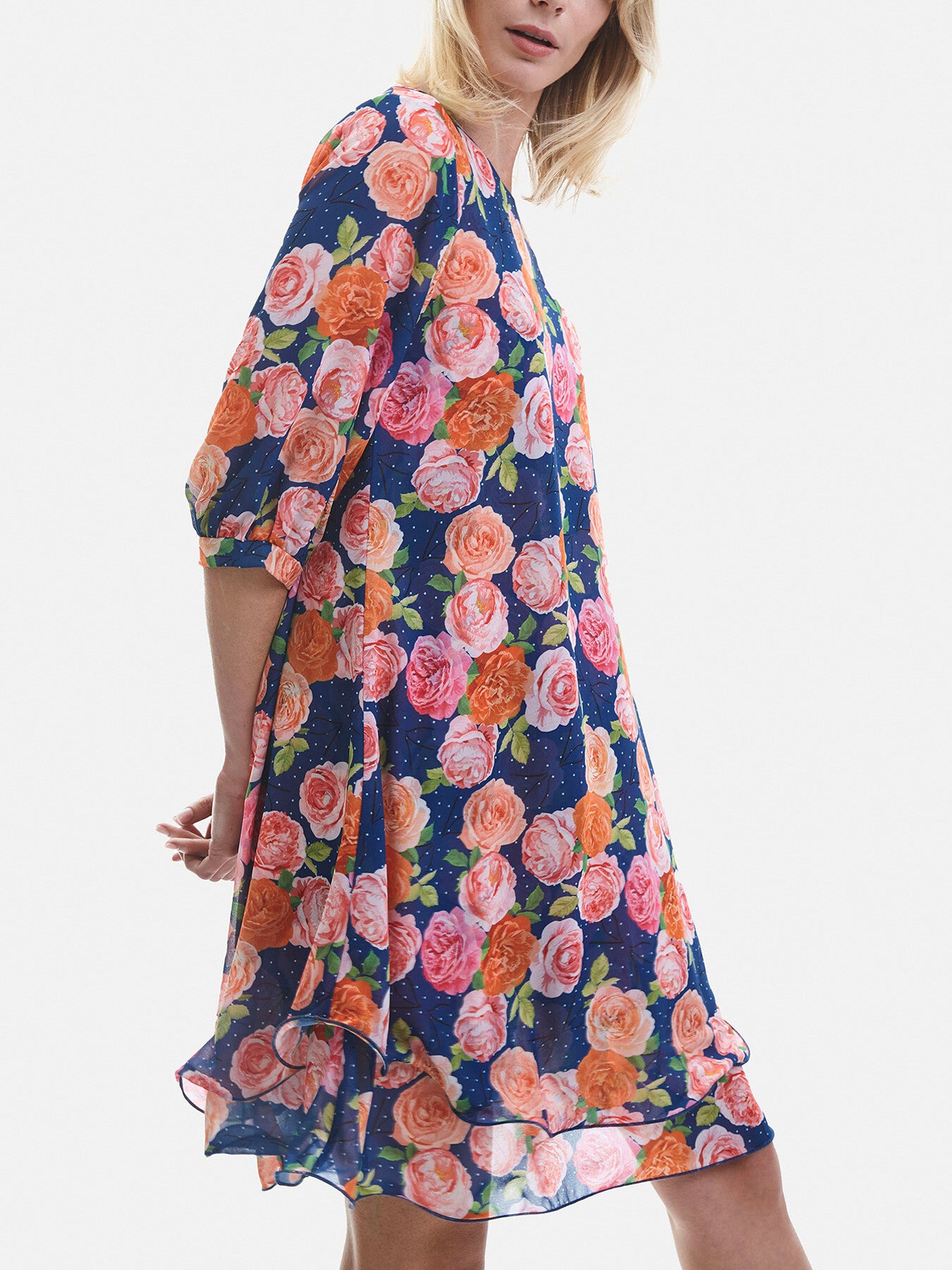 Rose Print Wave Hem Dress