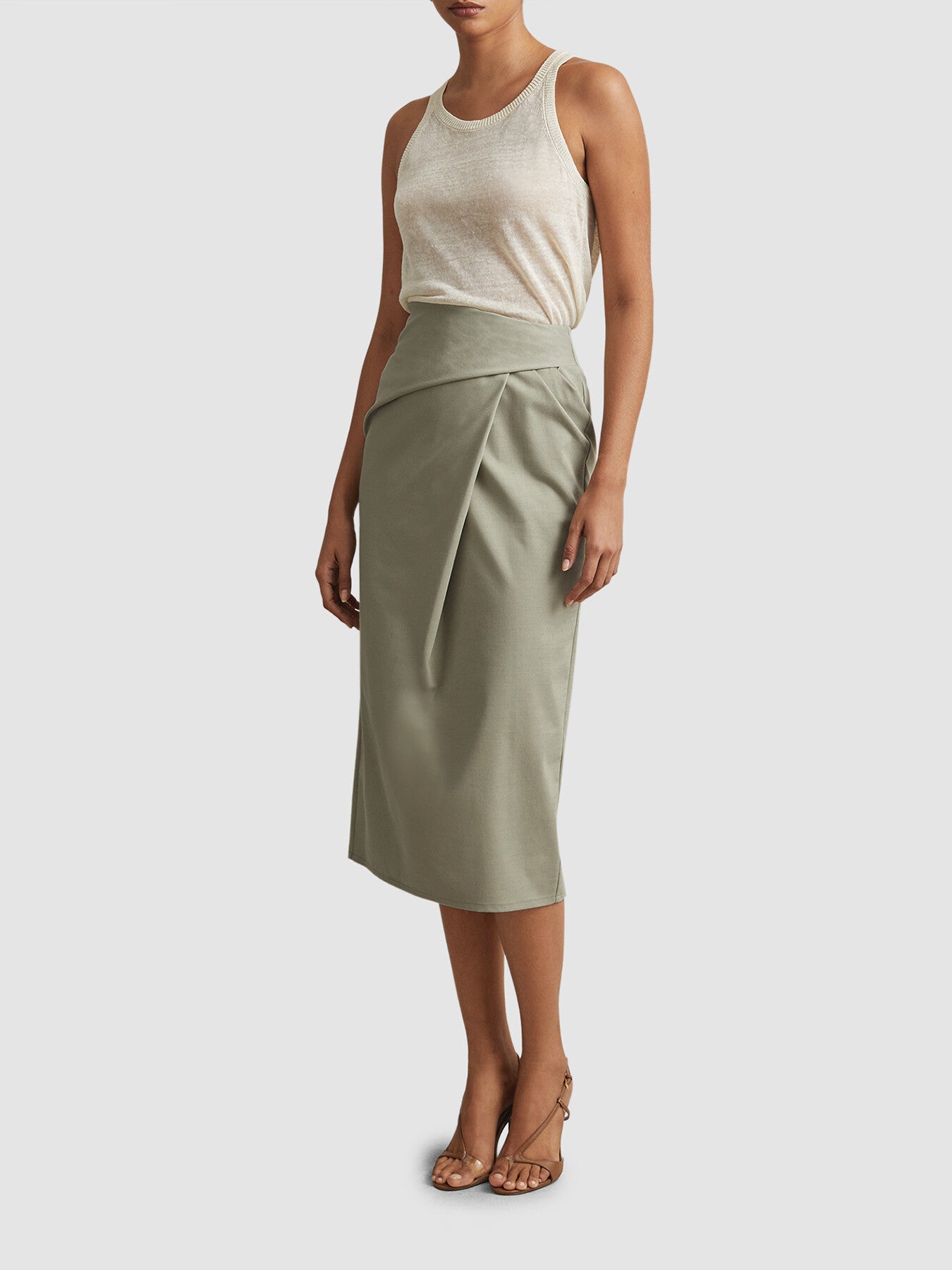 Nadia Cotton Blend Wrap Front Midi Skirt
