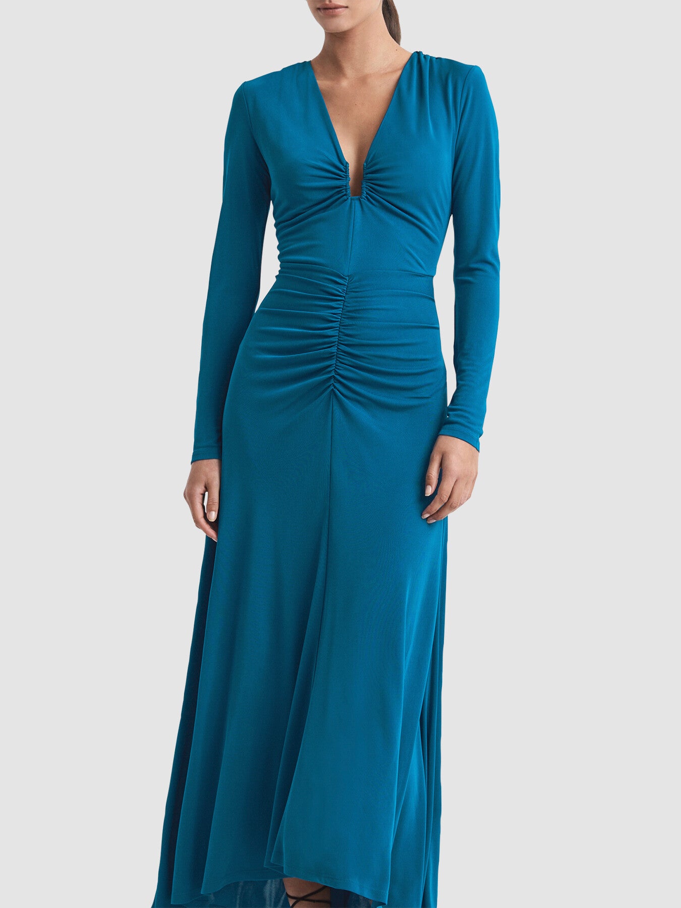 Remy Plunge Neck Ruche Midi Dress