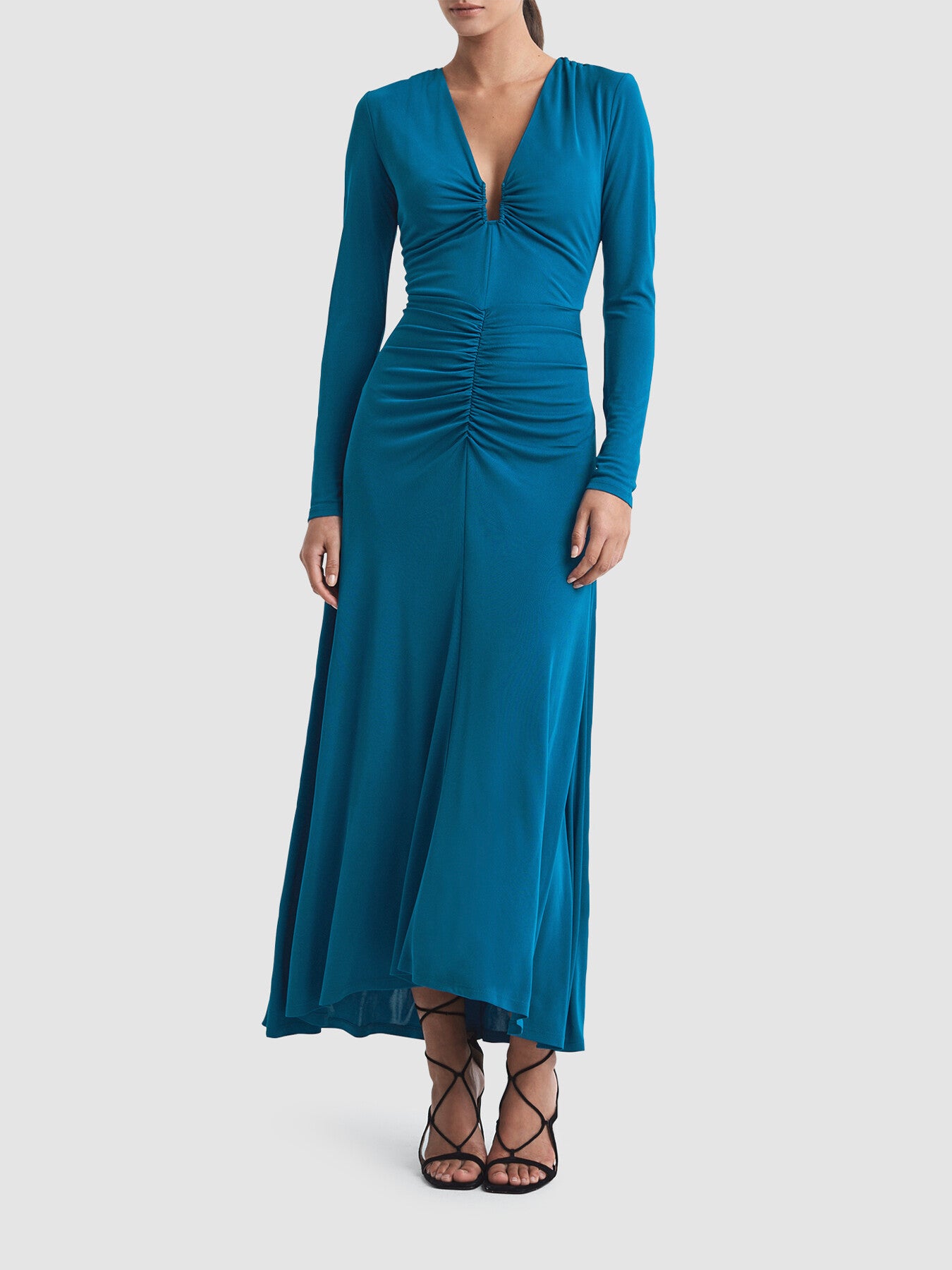 Remy Plunge Neck Ruche Midi Dress