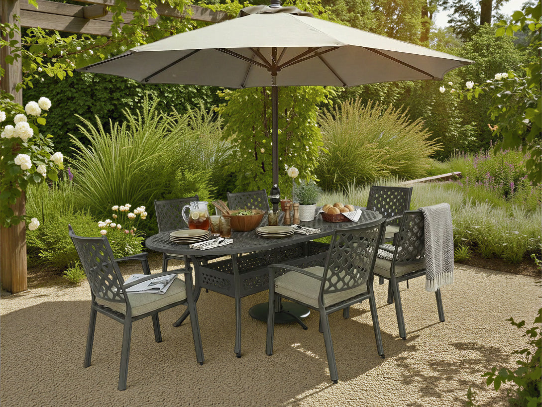 Avebury 6 Seat Oval Dining Set with Parasol & Base