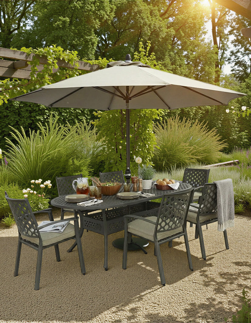 Avebury 6 Seat Oval Dining Set with Parasol & Base