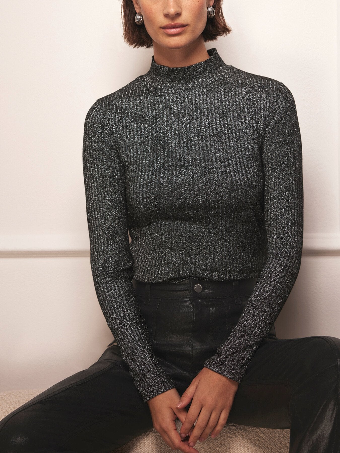 Silver Metallic Ribbed Polo Top