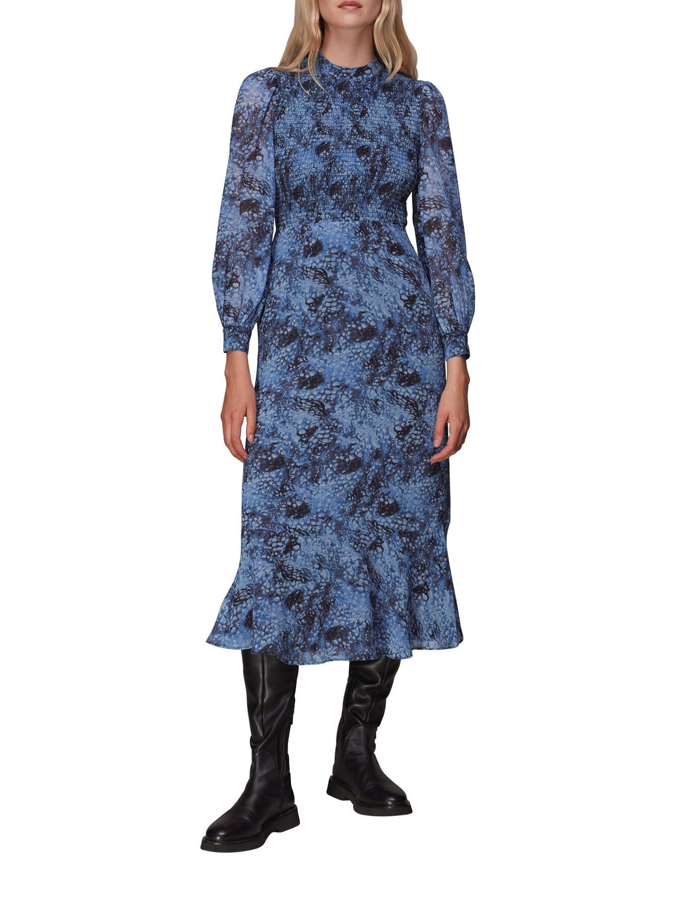 Snow Flurry Shirred Midi Dress