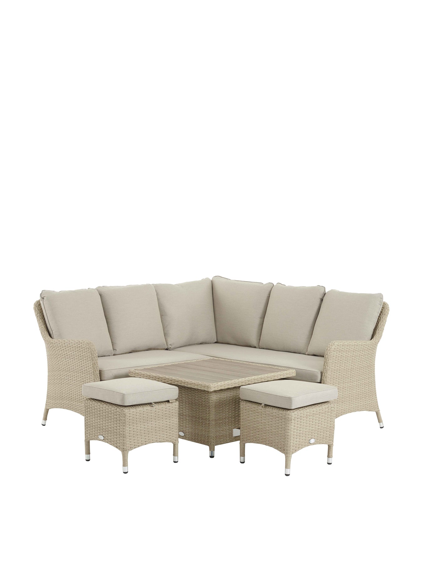 Tetbury 6-Seater Rattan Mini Corner Sofa with Dual Height Tree-Free Top Table & 2 Stools