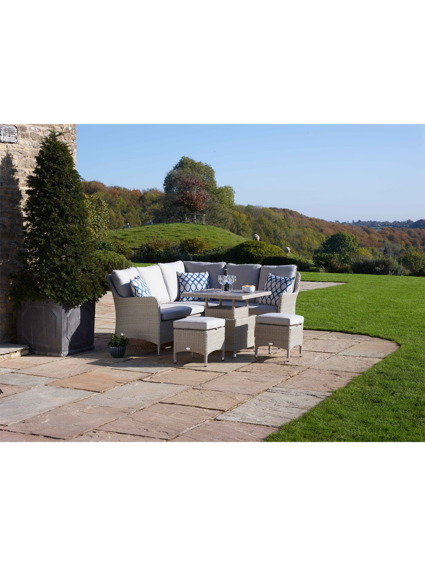 Tetbury 6-Seater Rattan Mini Corner Sofa with Dual Height Tree-Free Top Table & 2 Stools