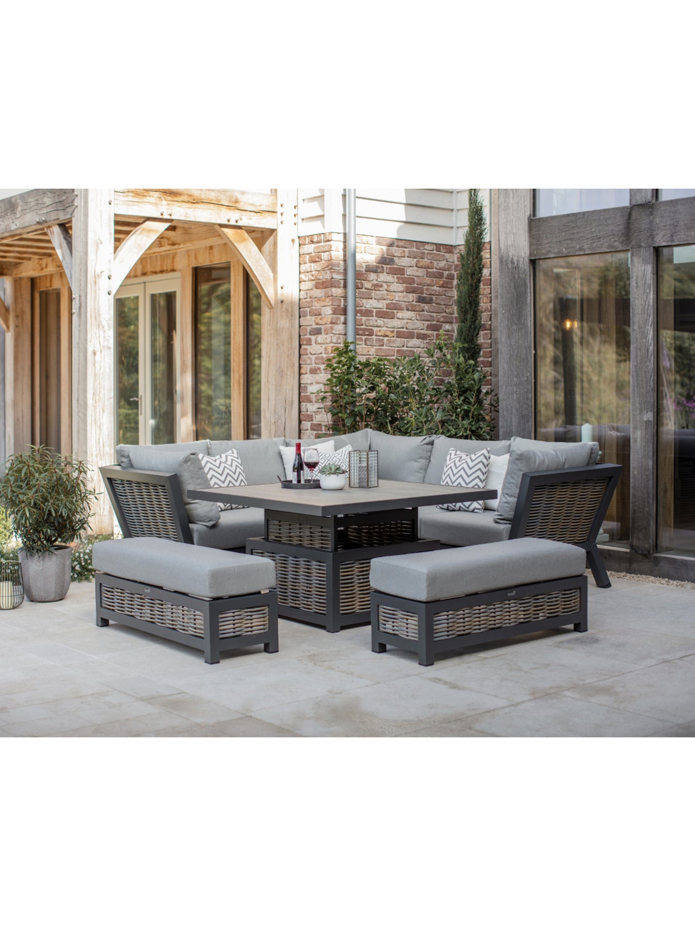 Tuscan 8-Seater Square Sofa set with Dual Height Table & 2 Benches
