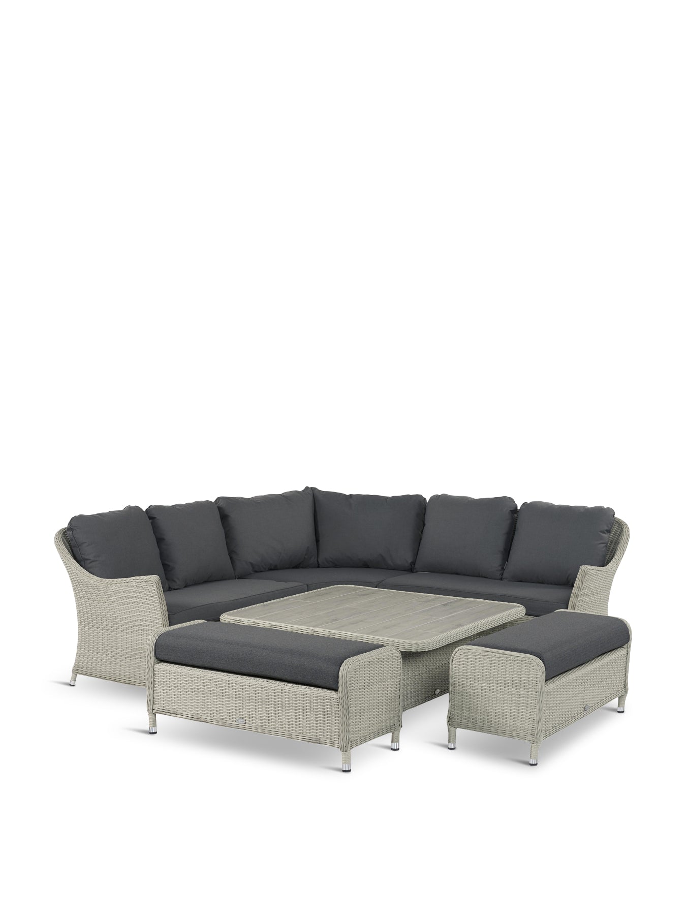 Monterey Dove Grey 8-Seater Rattan Curved Corner Sofa with Square Dual Height Table & 2 Benches