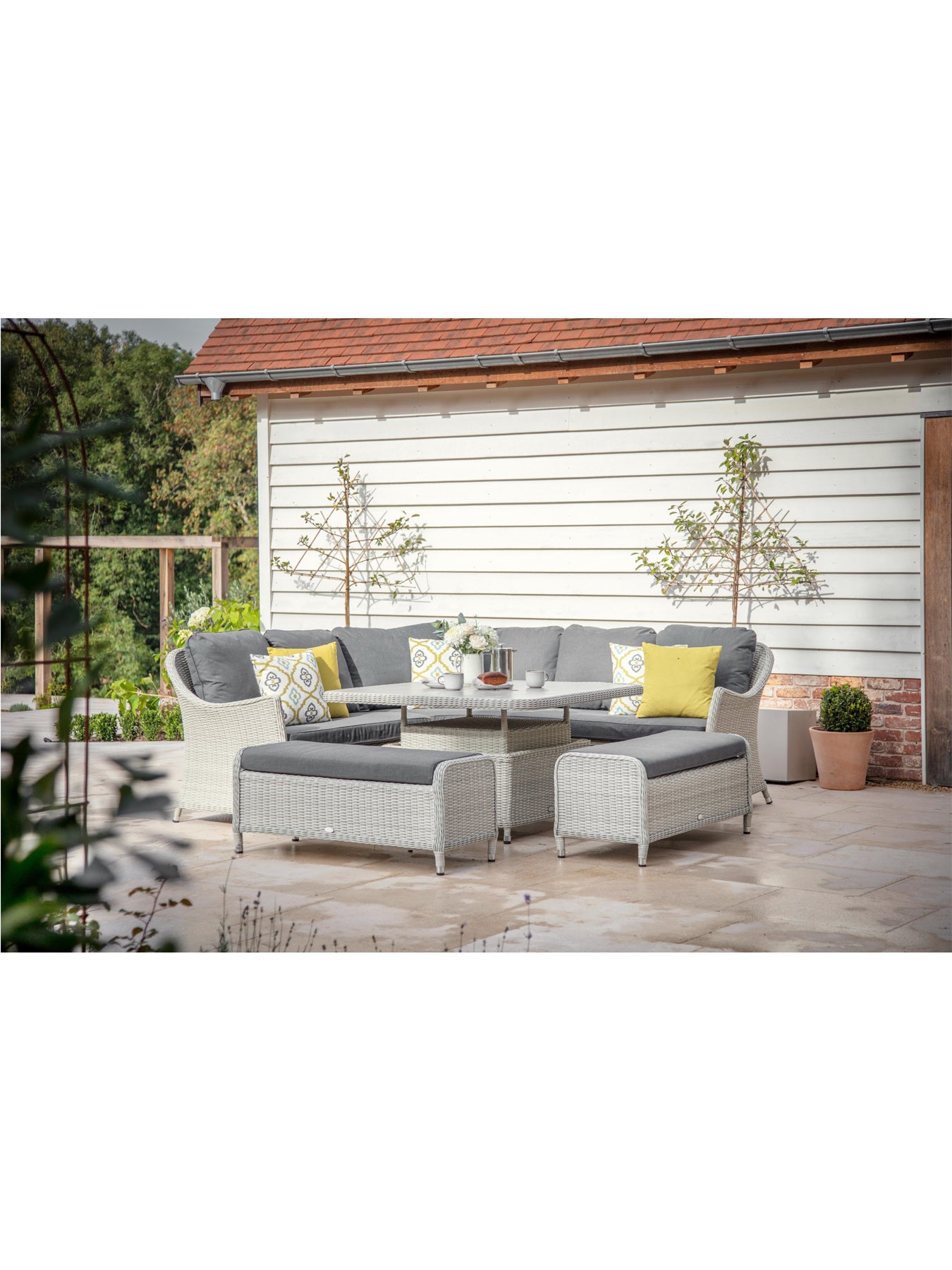 Monterey Dove Grey 8-Seater Rattan Curved Corner Sofa with Square Dual Height Table & 2 Benches