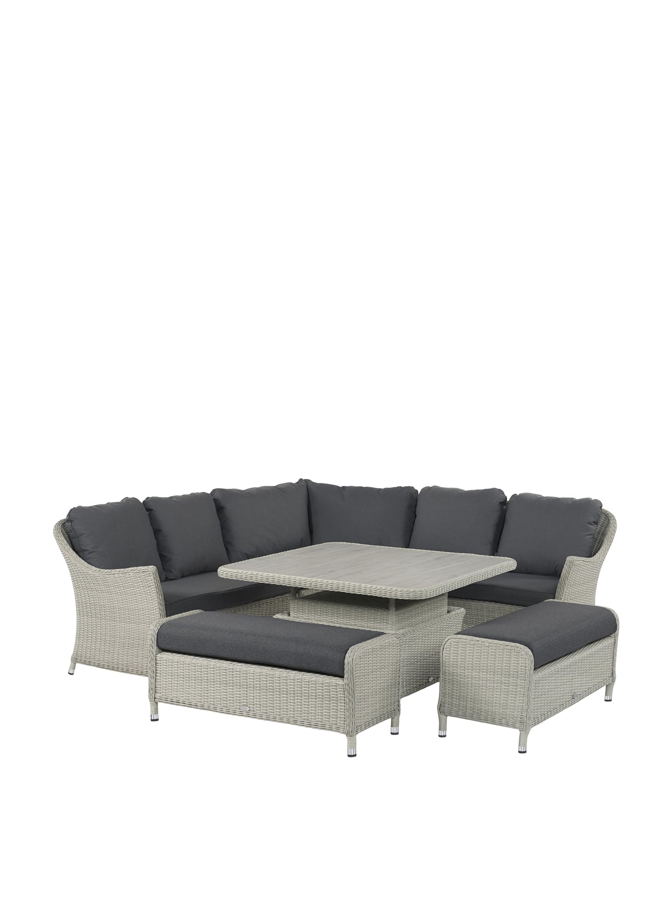 Monterey Dove Grey 8-Seater Rattan Curved Corner Sofa with Square Dual Height Table & 2 Benches