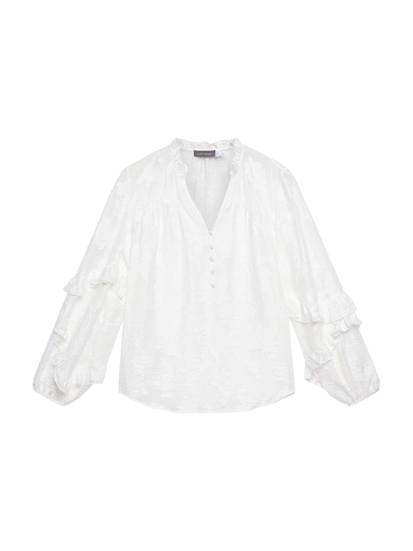 White Jacquard Ruffle Blouse