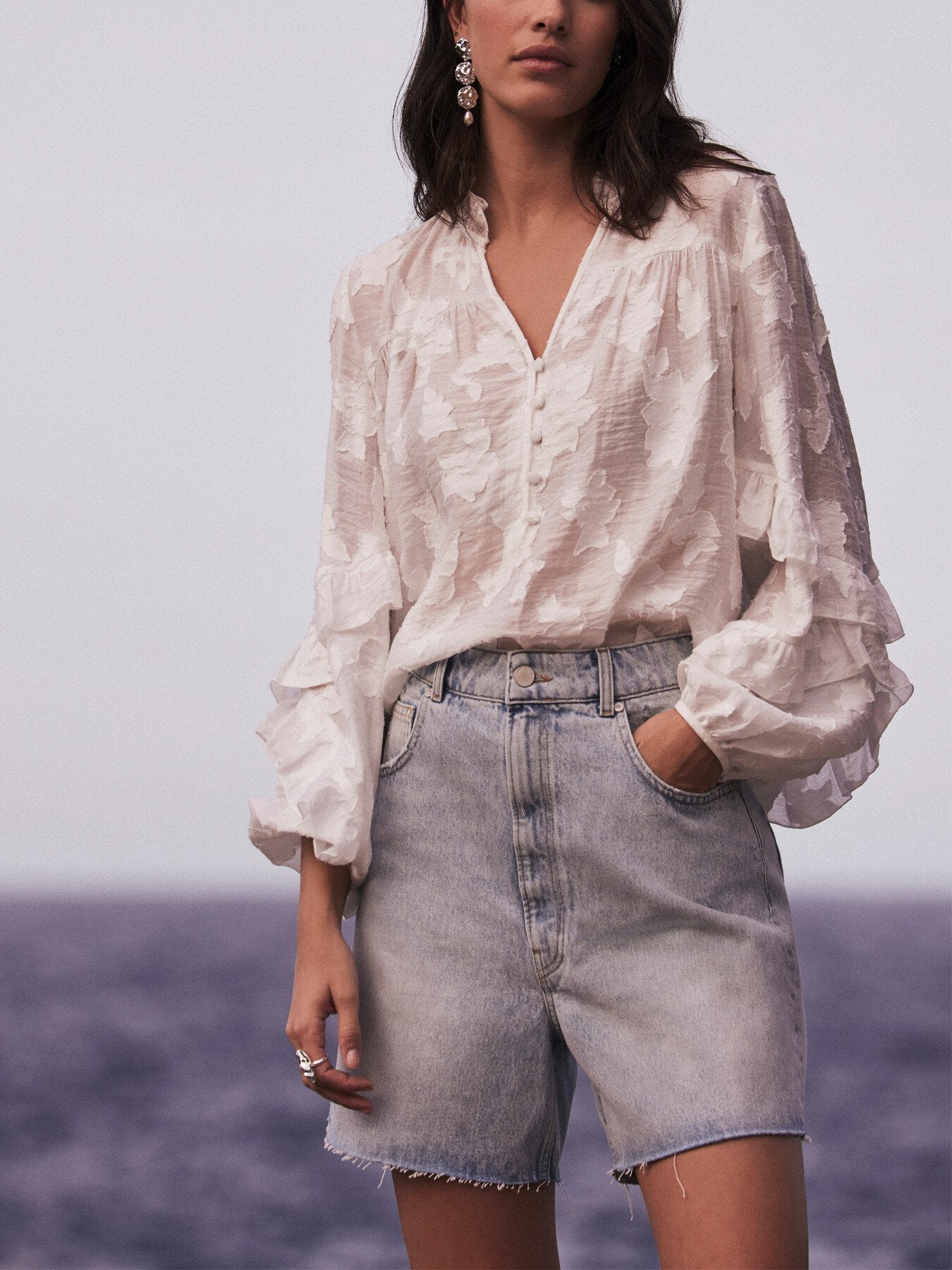 White Jacquard Ruffle Blouse