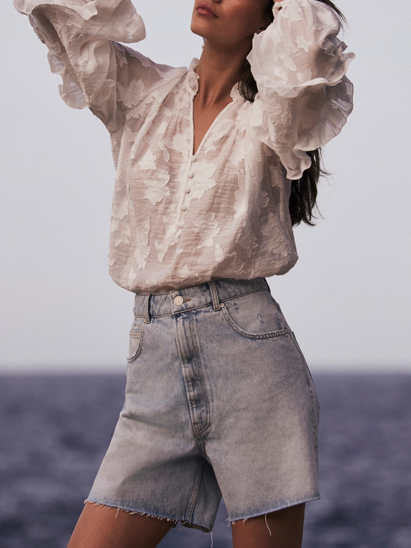 White Jacquard Ruffle Blouse