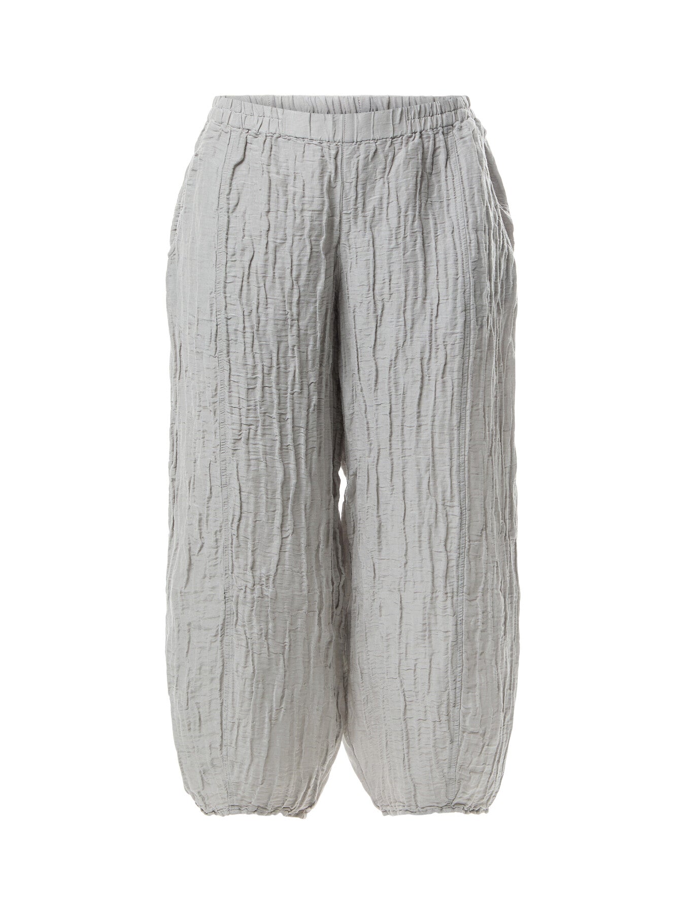 Taper Crinkled Cream Grey Silk Trousers