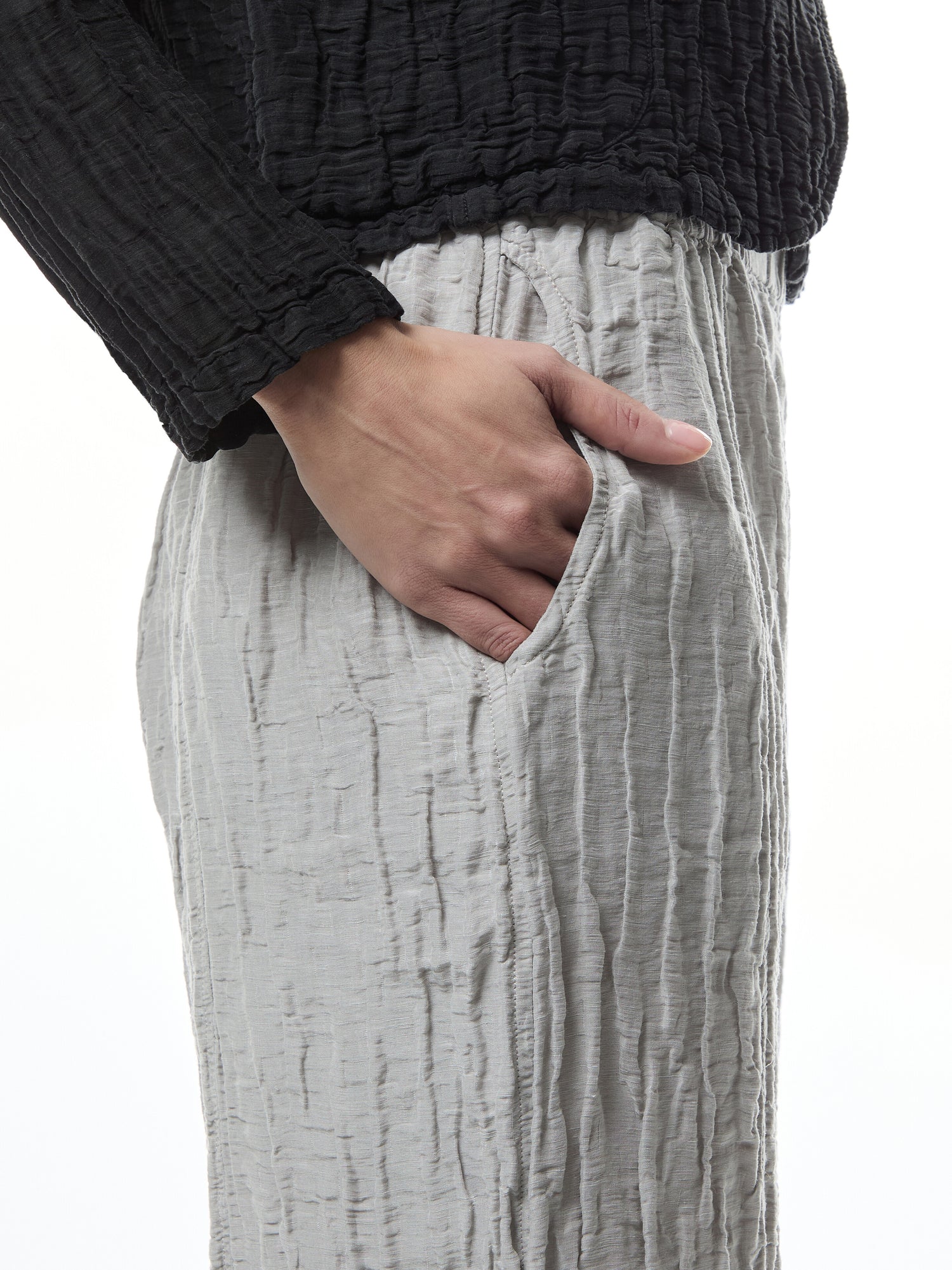 Taper Crinkled Cream Grey Silk Trousers