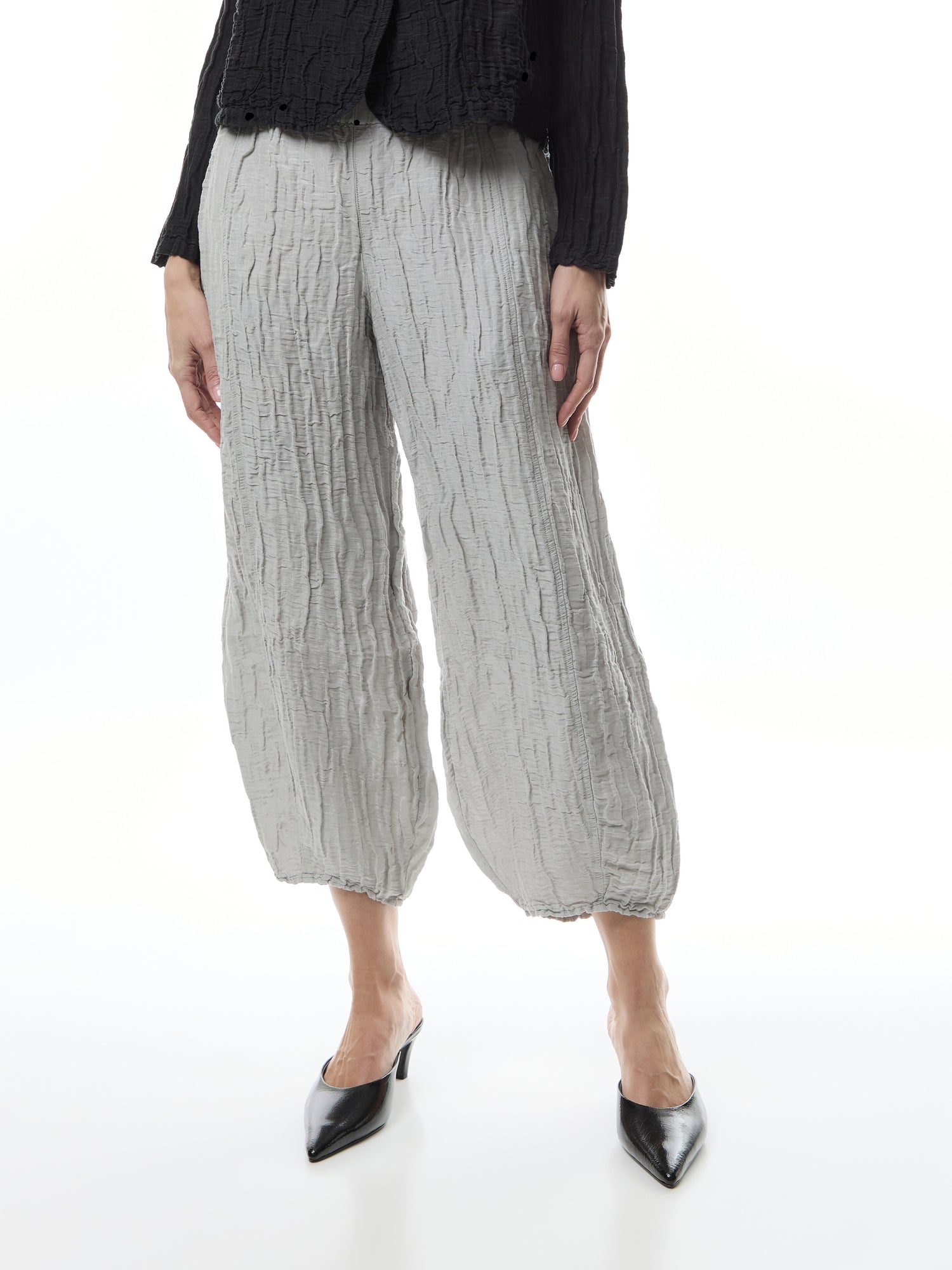Taper Crinkled Cream Grey Silk Trousers
