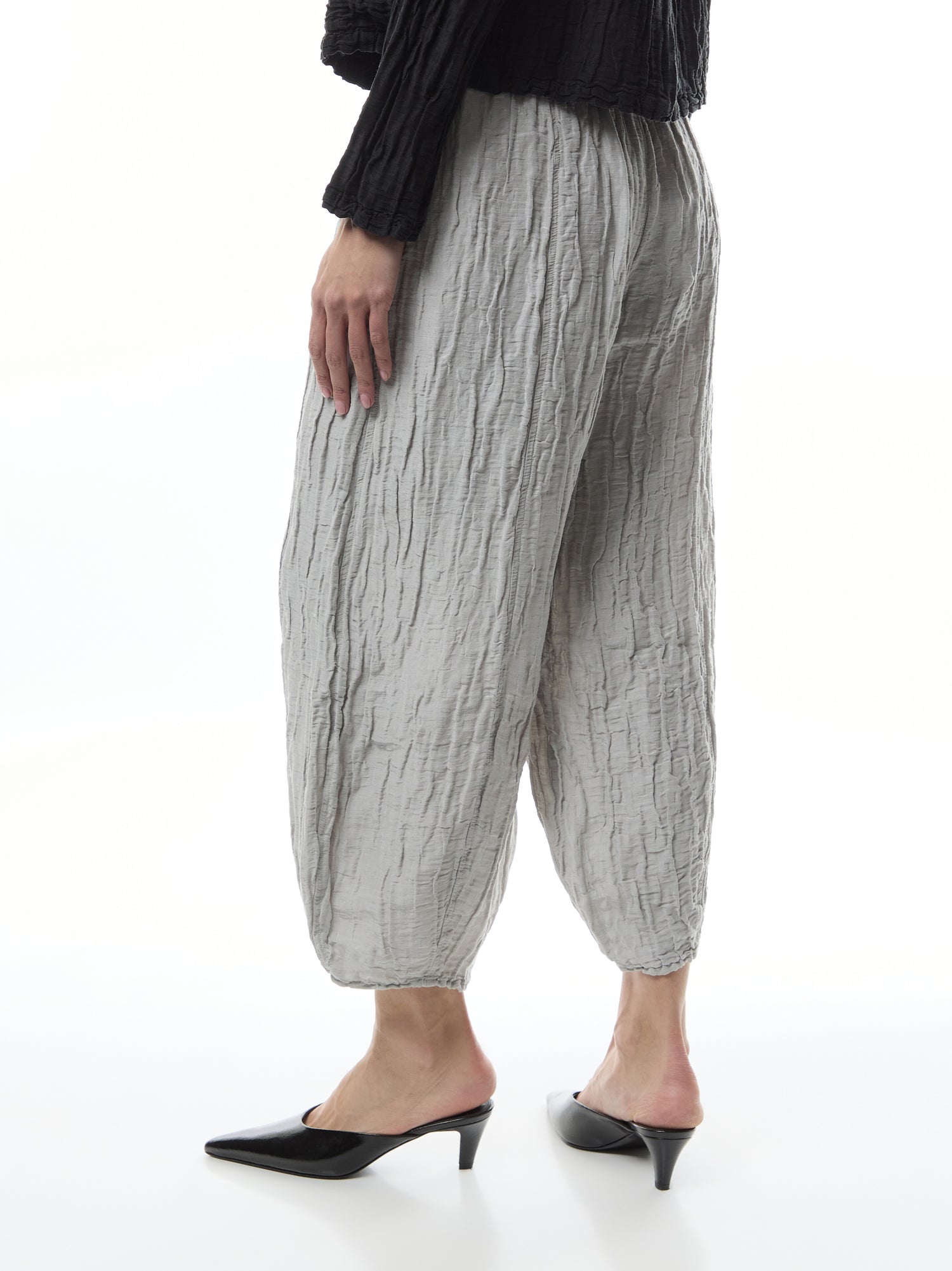 Taper Crinkled Cream Grey Silk Trousers