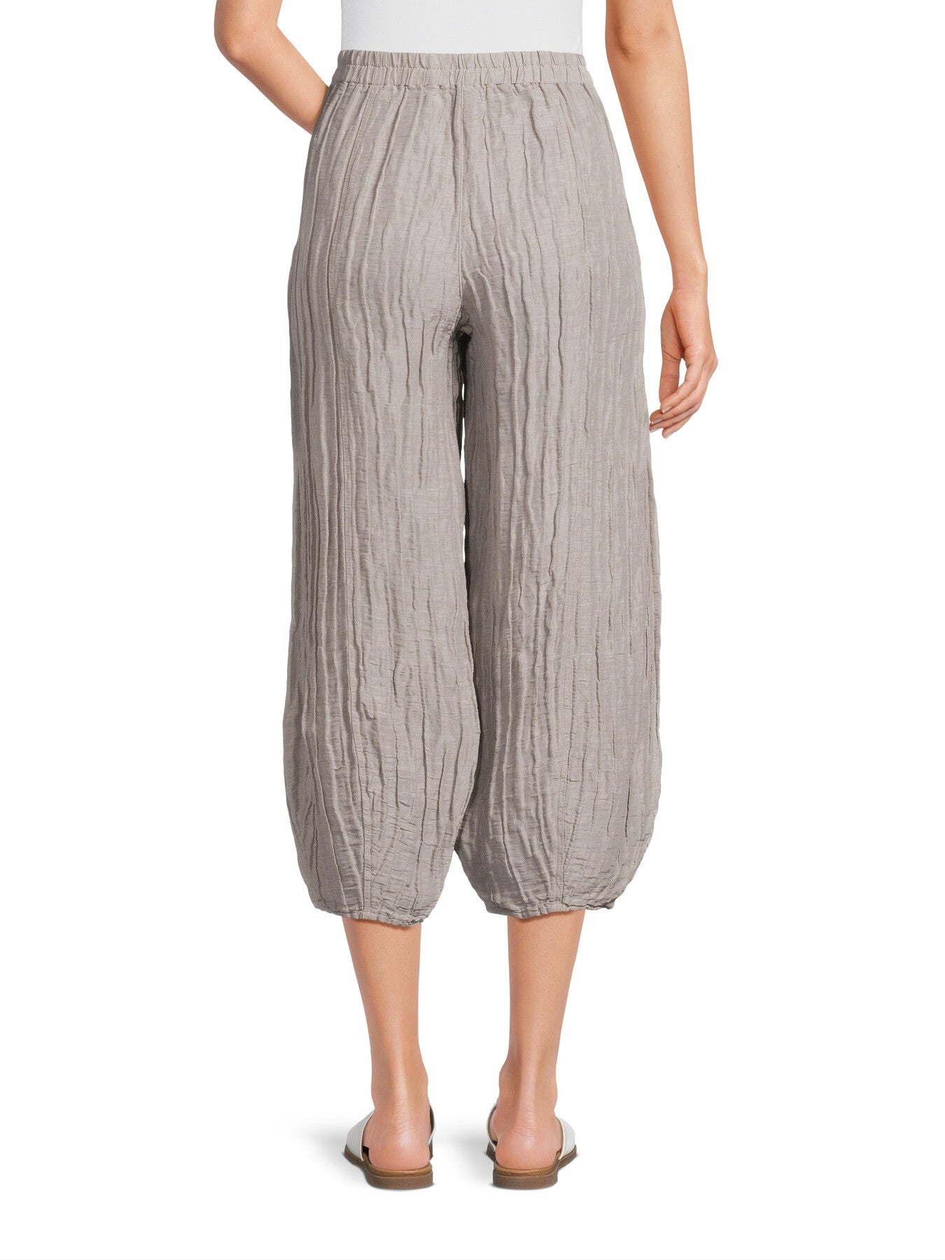 Taper Crinkled Cream Grey Silk Trousers