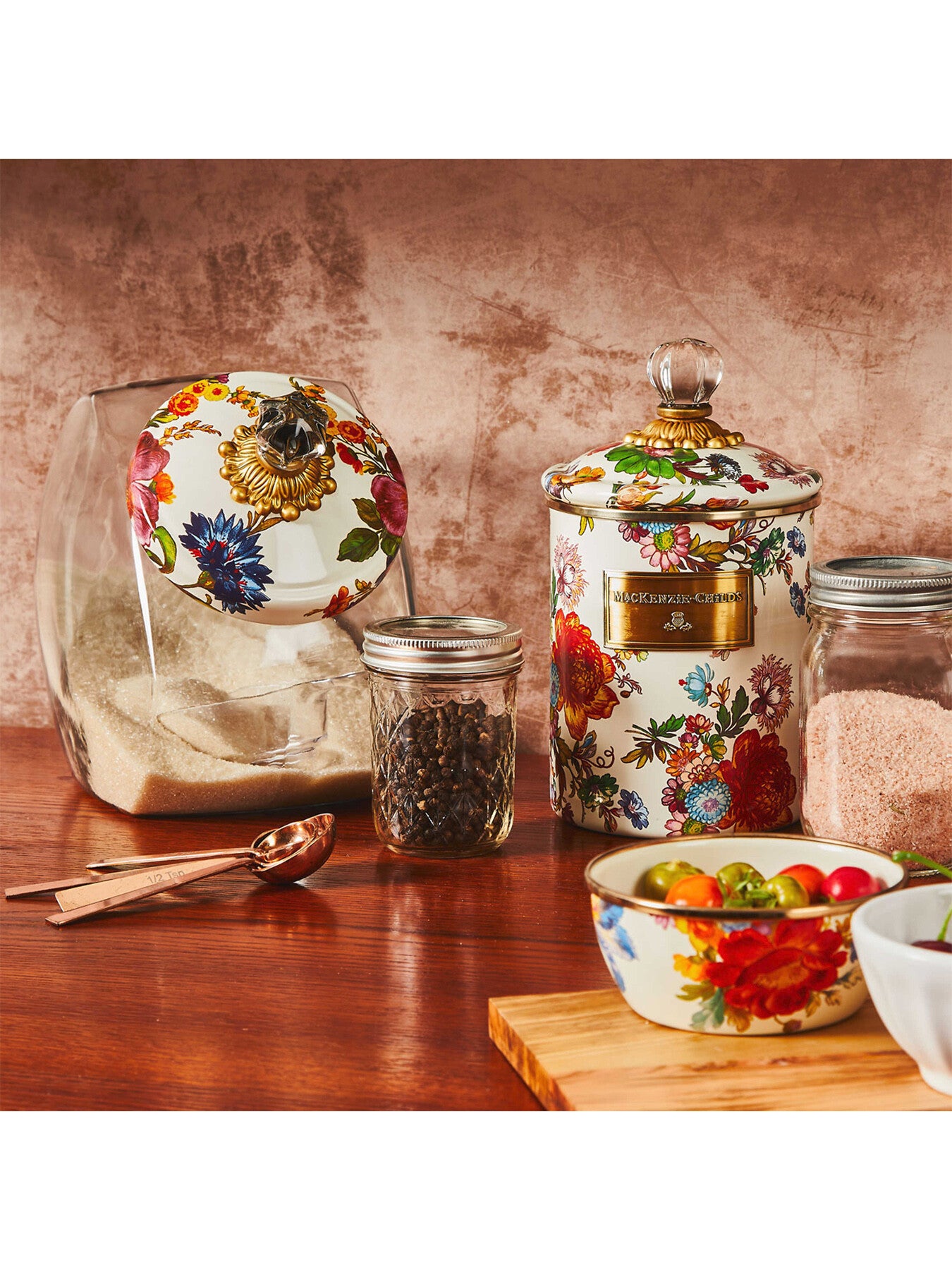 Cookie Jar with Flower Market Enamel Lid - White