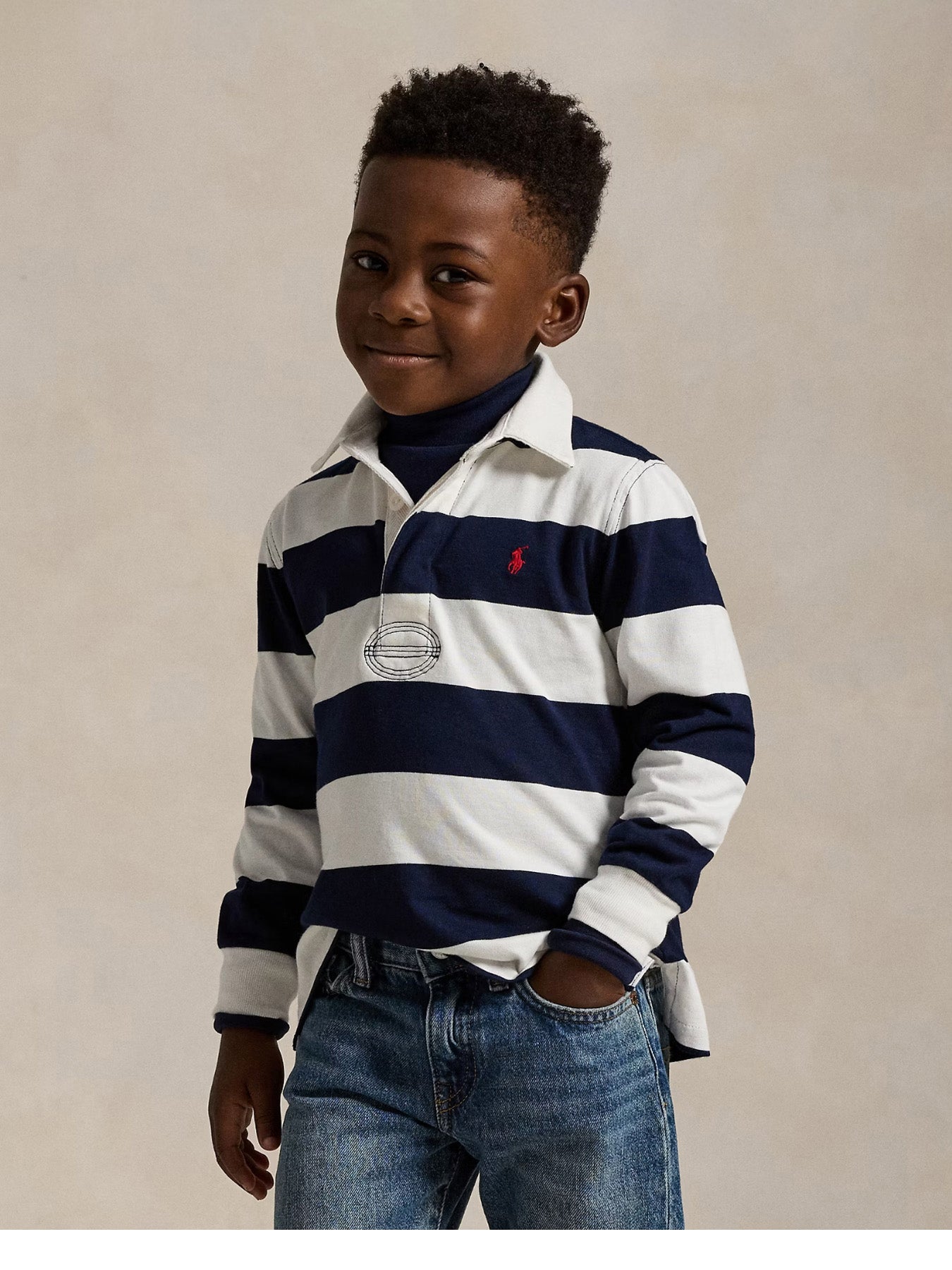 Long Sleeve Rugby Knit Shirt White and Navy