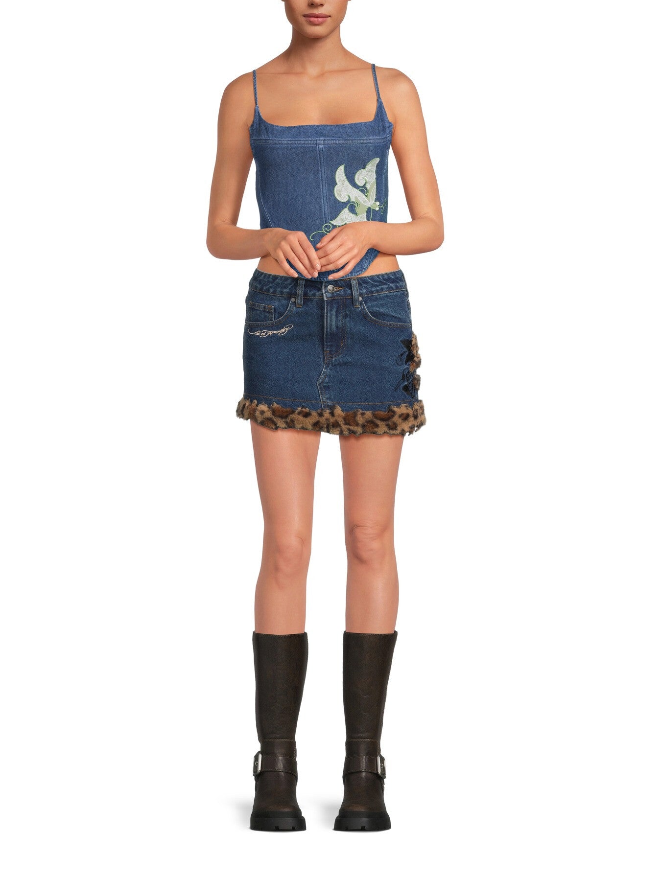 Leo Fur Trim Denim Mini Skirt