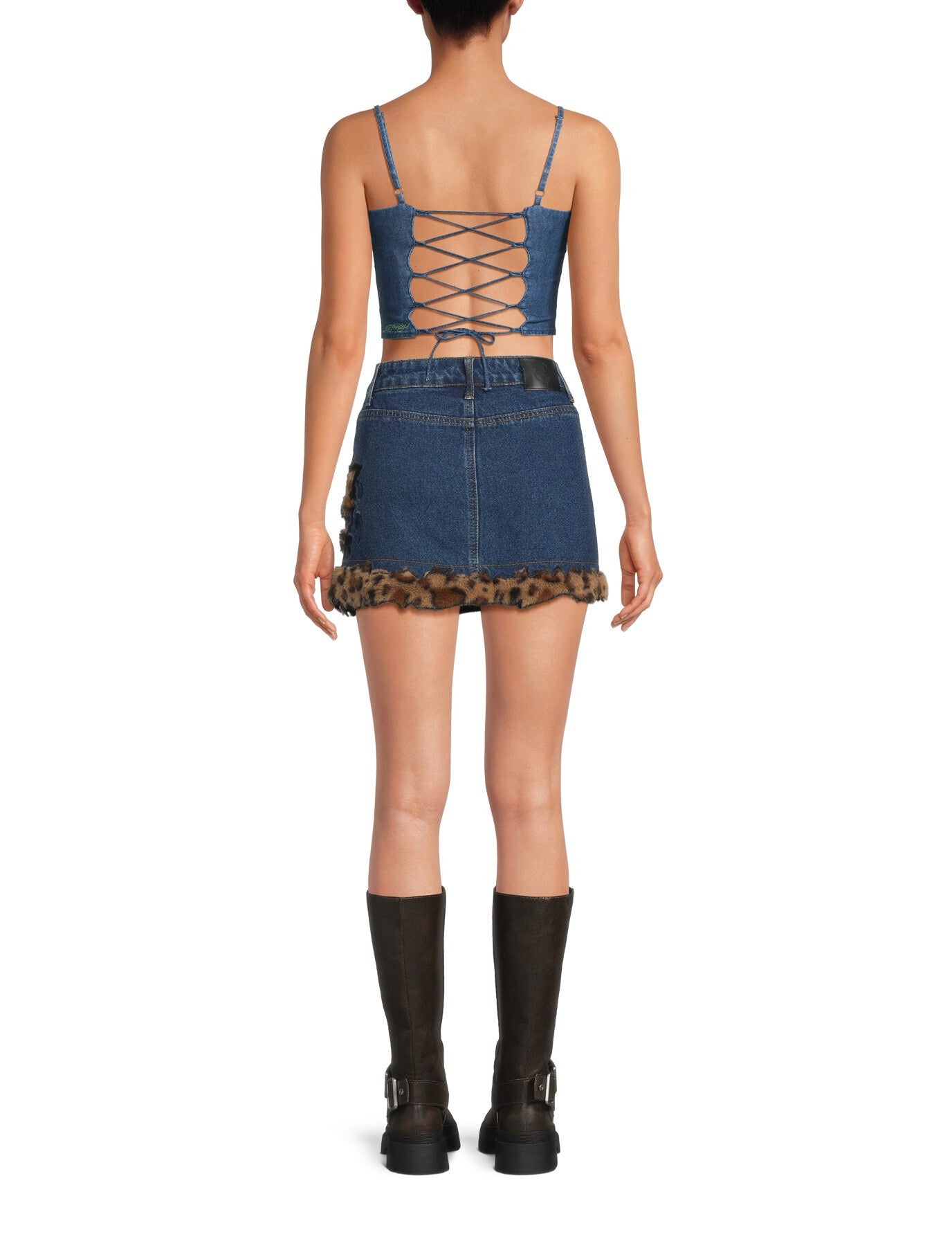 Leo Fur Trim Denim Mini Skirt