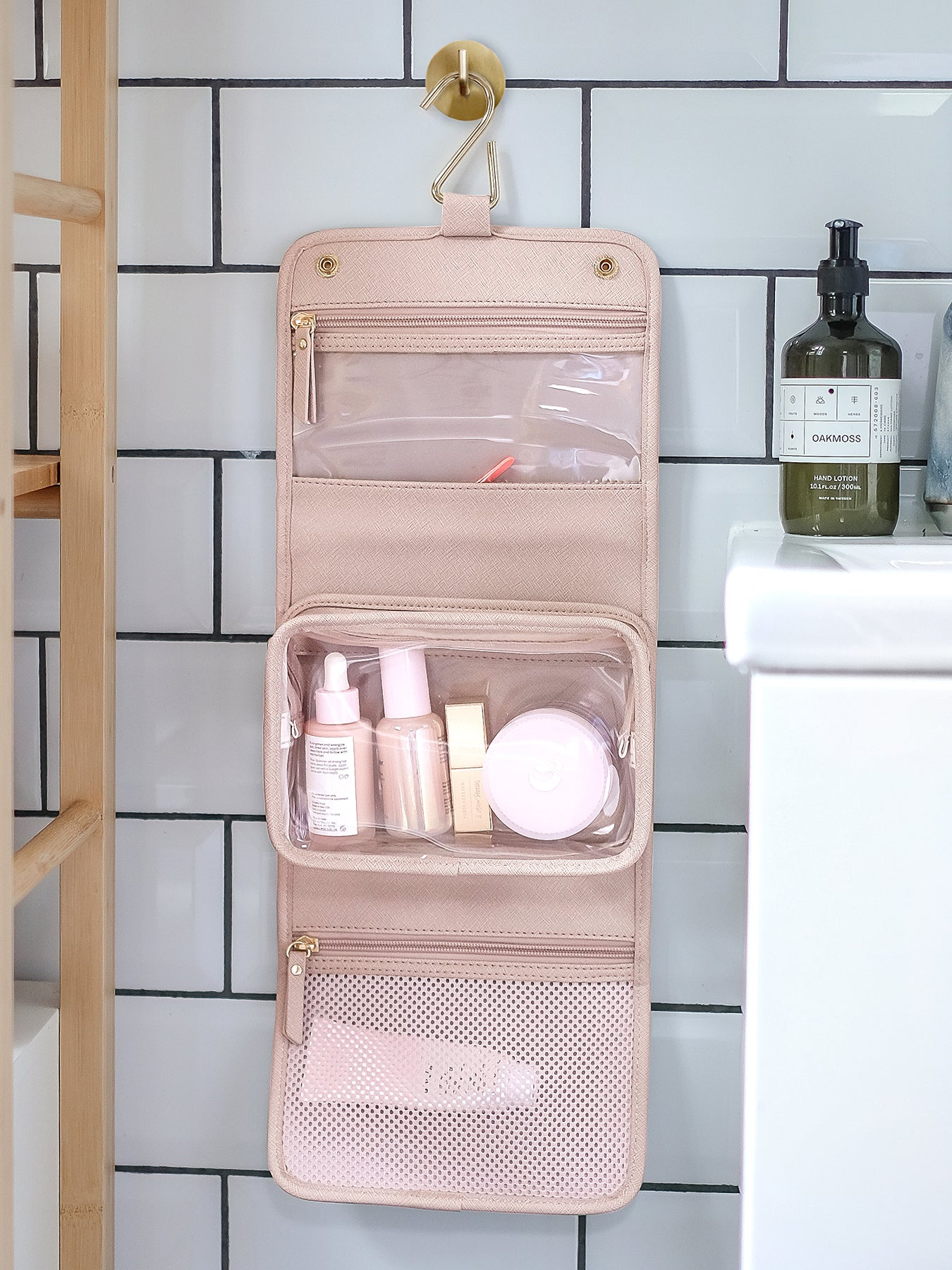 Hanging Wash Bag Small Oatmeal Pink