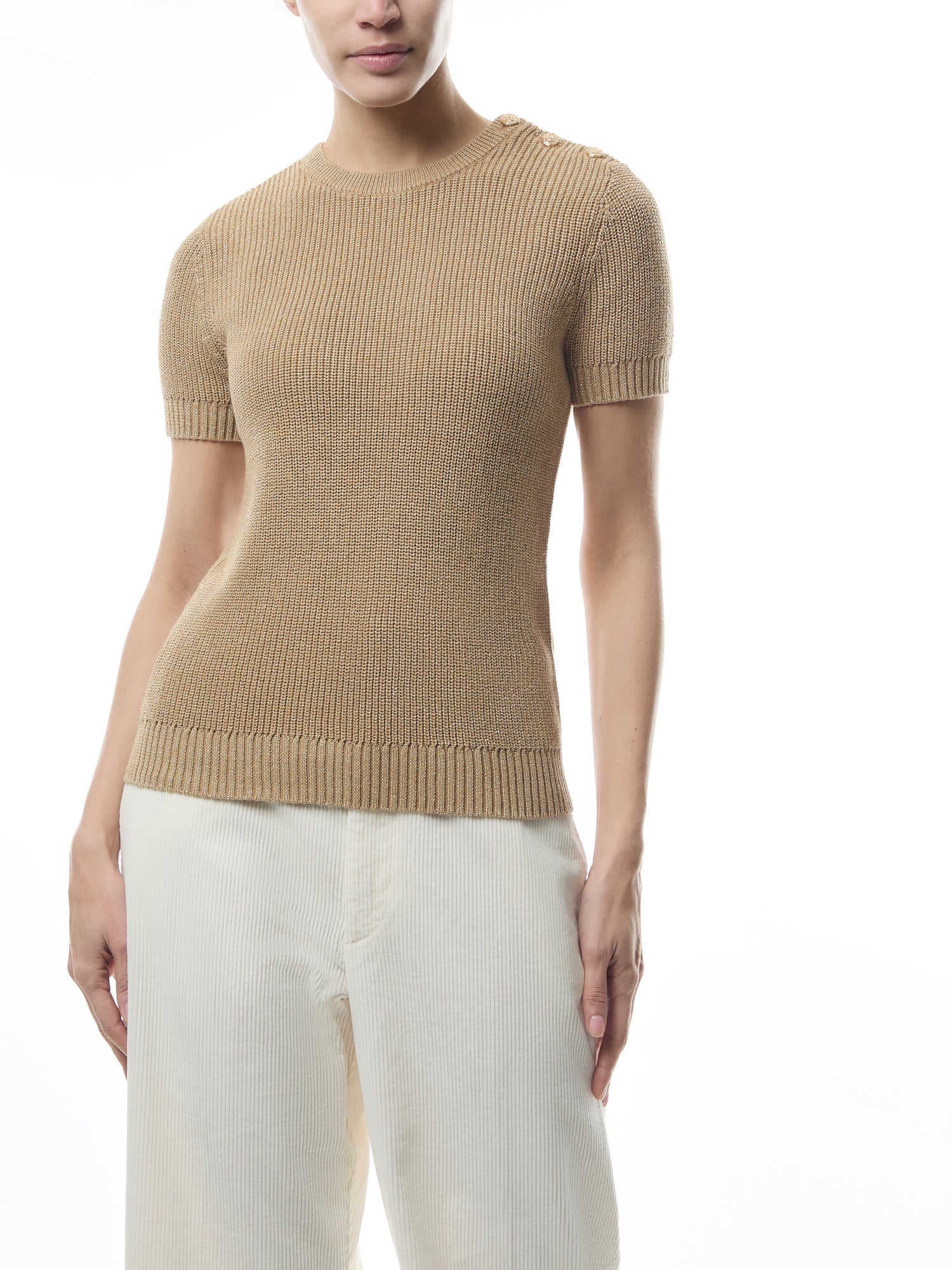 Metallic Ribbed Short Sleeve Sweater