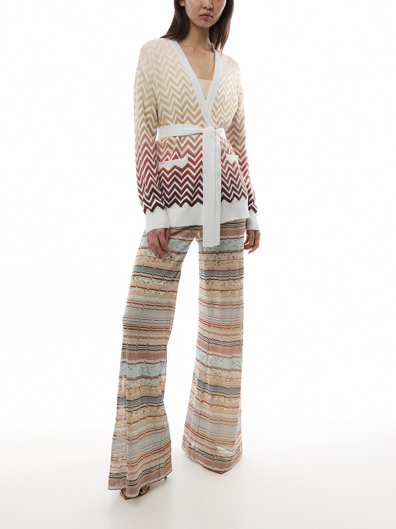 Viscose and Cotton Palazzo Trousers with Lamé Zigzag Fret