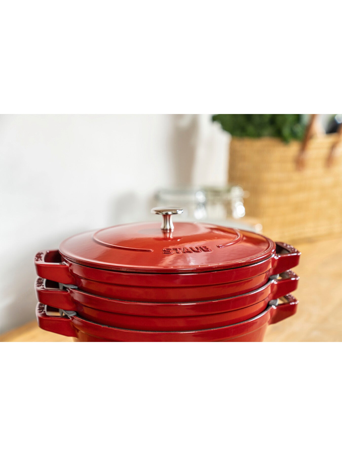 Cast Iron Pot Set 3pc Stackable Cherry Red