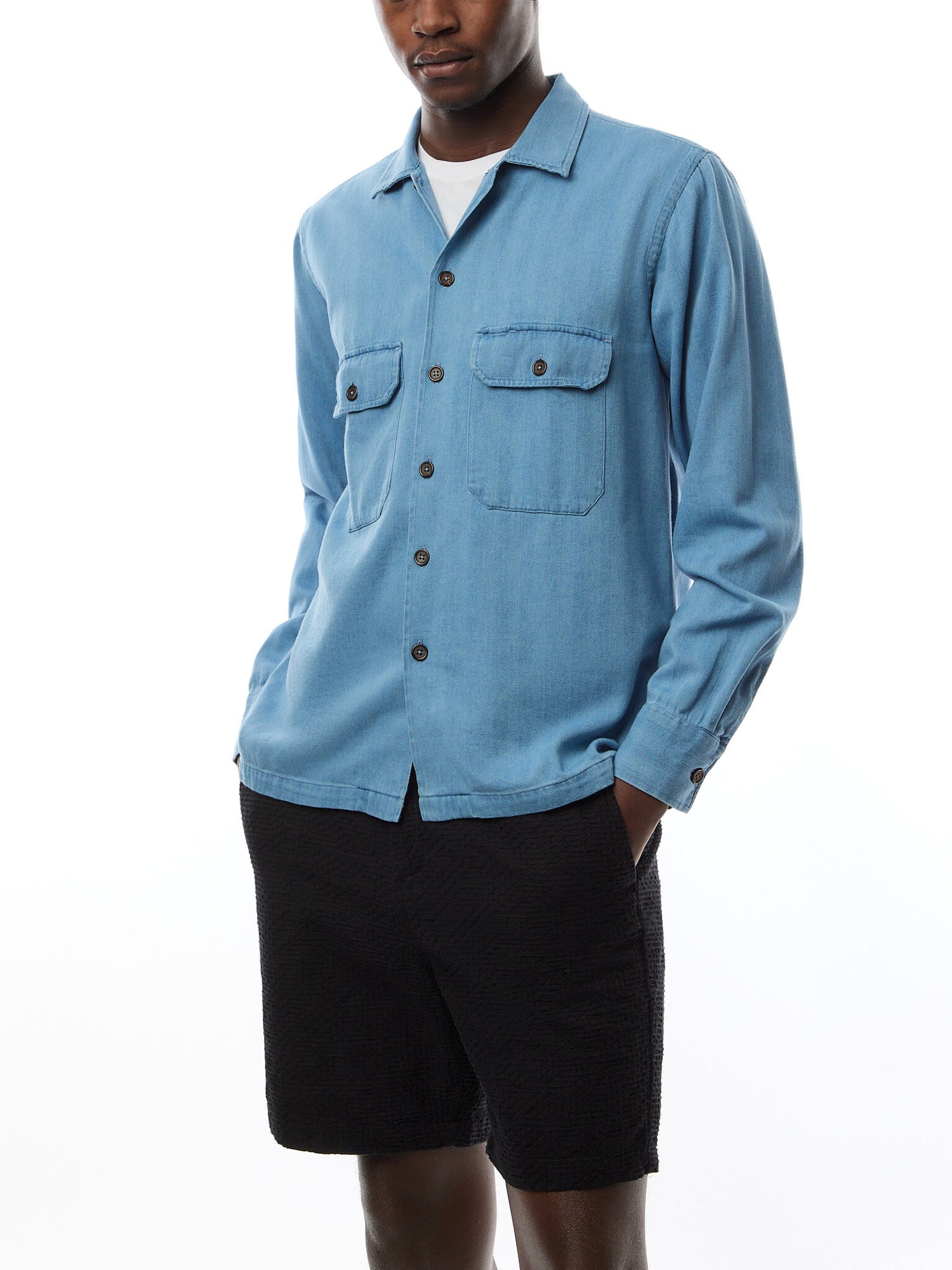 Washed Indigo Herringbone Utility Shirt