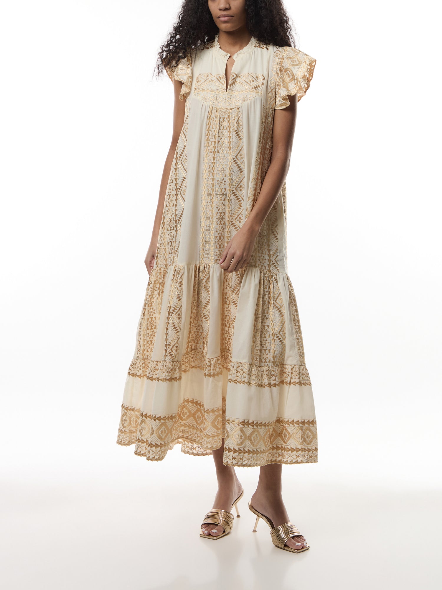 Classic Triangle Frill Cap Slv Round Neck Maxi Dress