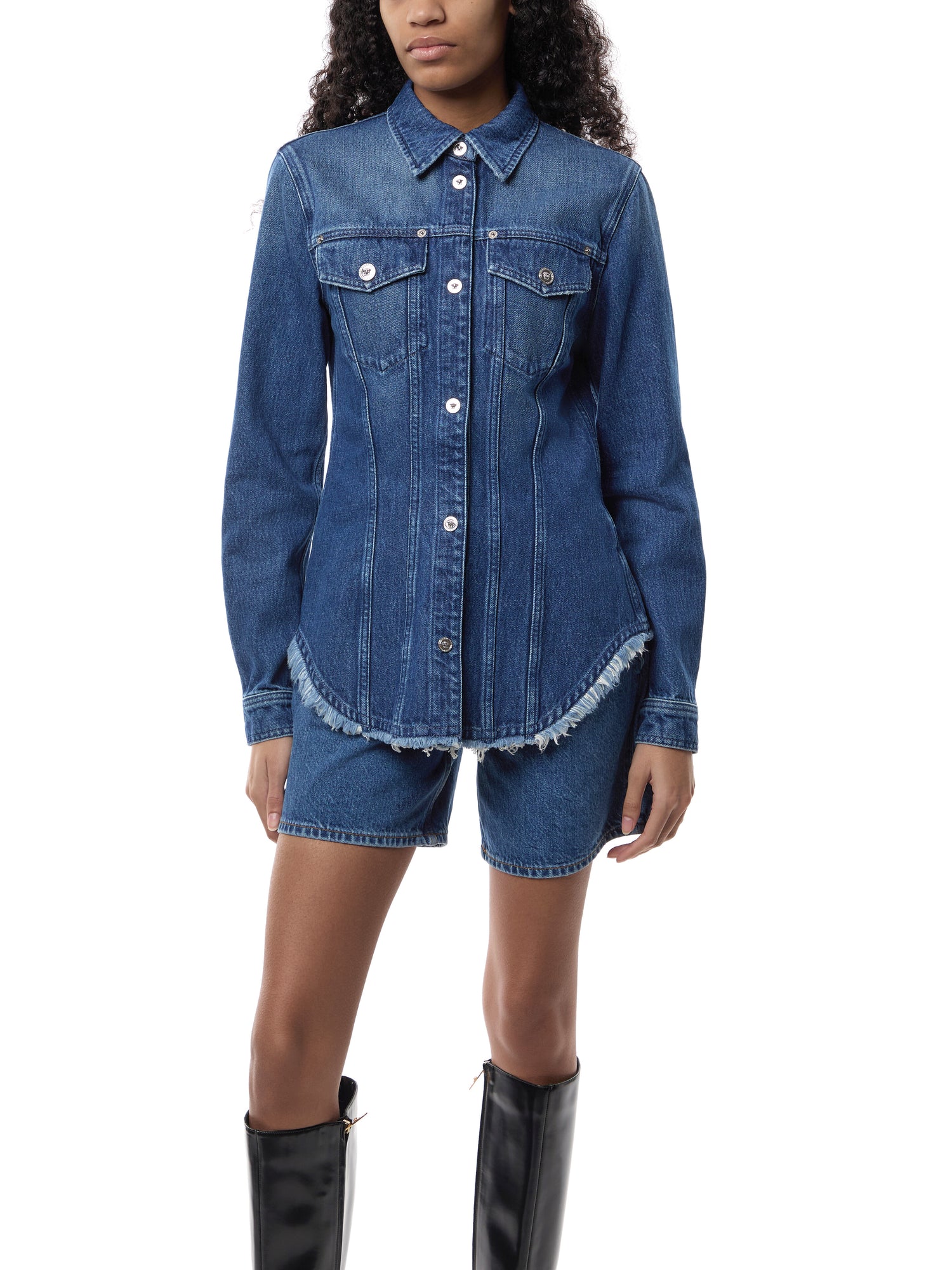 Shirt Denim R Washed Medium Blue With Frayed Edges