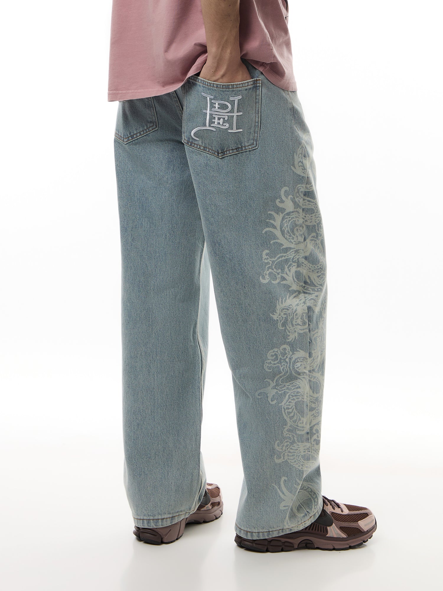 Laser Etched Dragon Repeat Denim Trousers Jeans