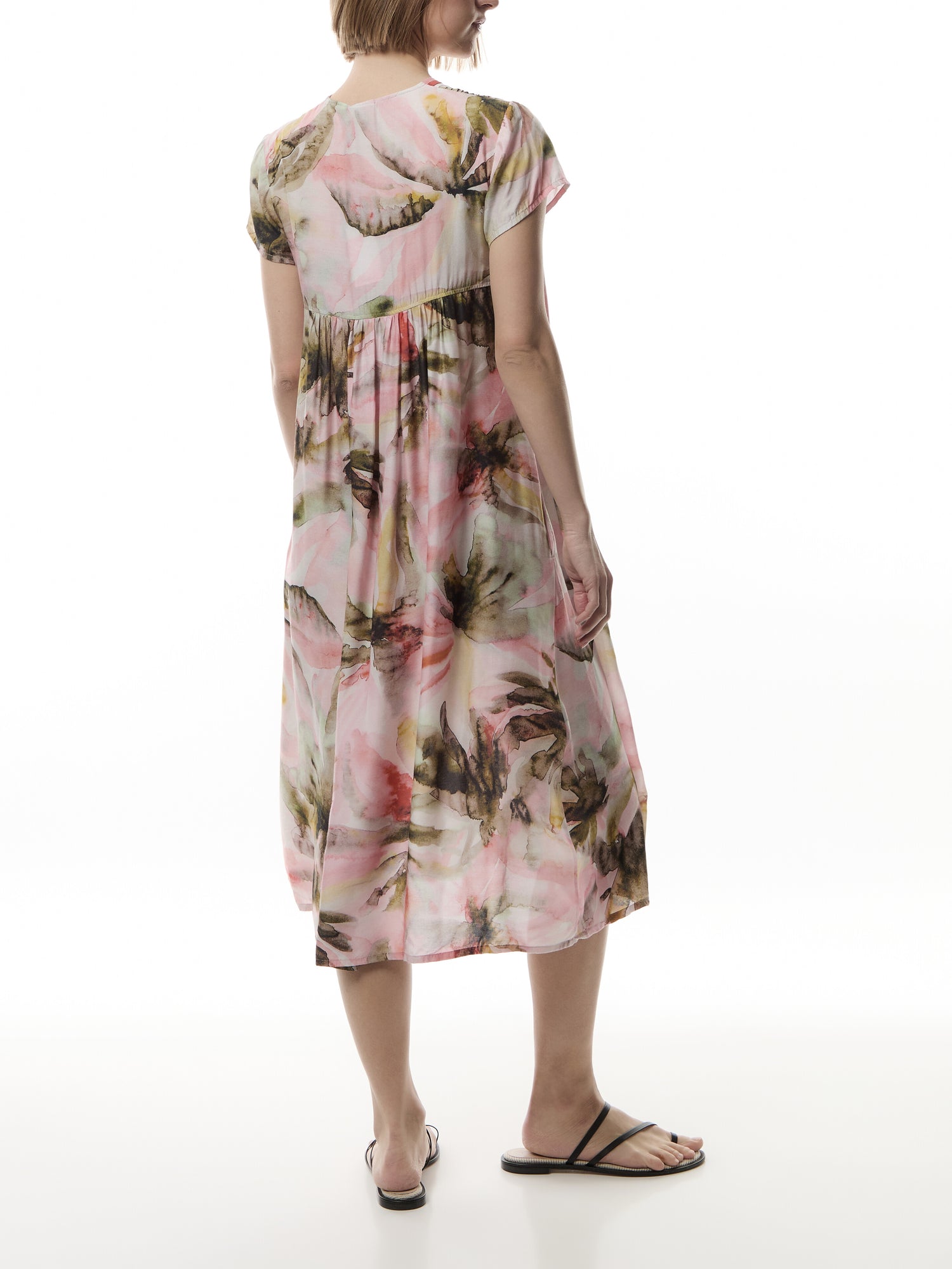 V Neck Pleat Detail Short Sleeve Printed Midi Dress