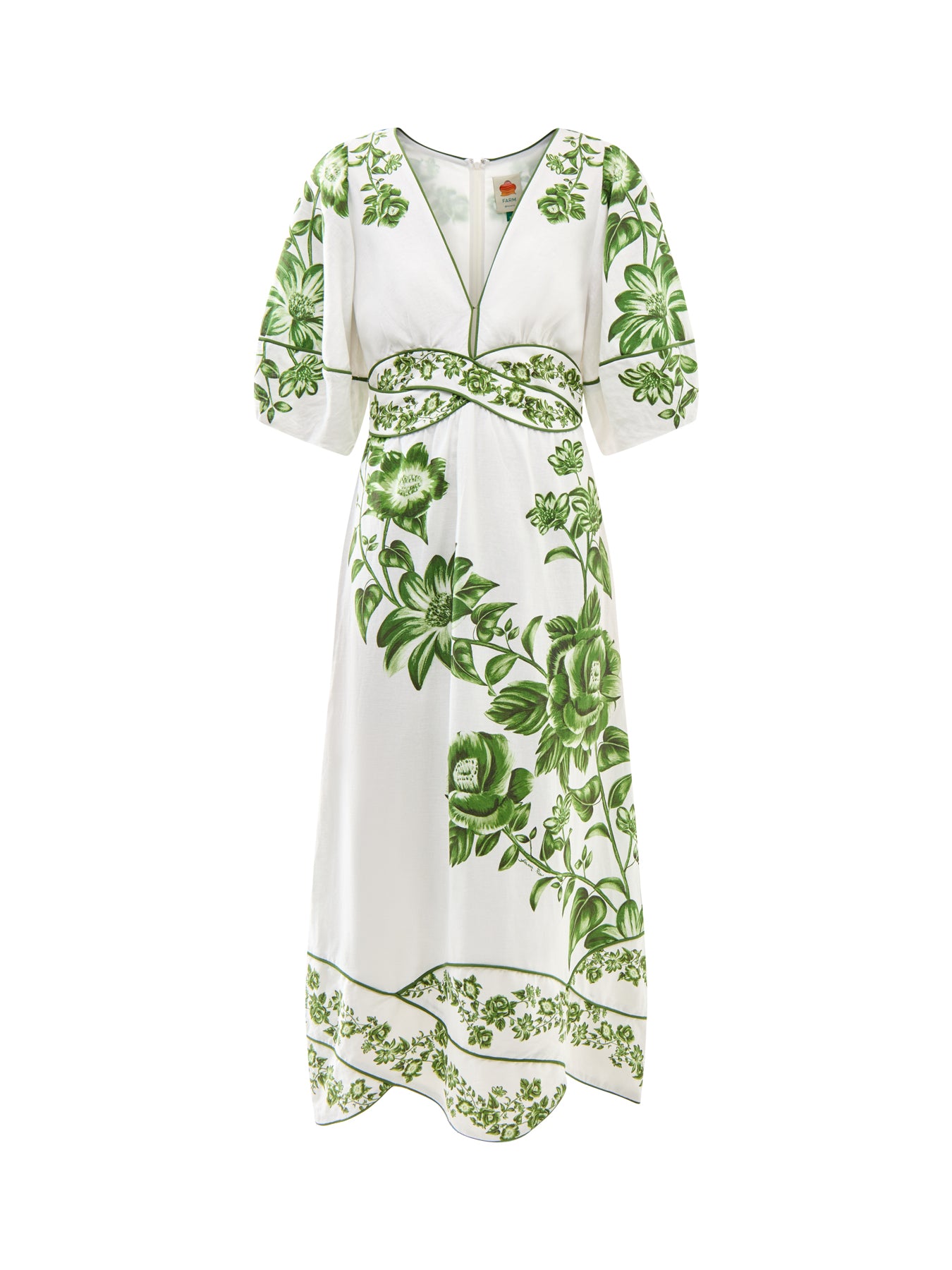 Green Floral Cascade Off-white Short Sleeve Midi Dress