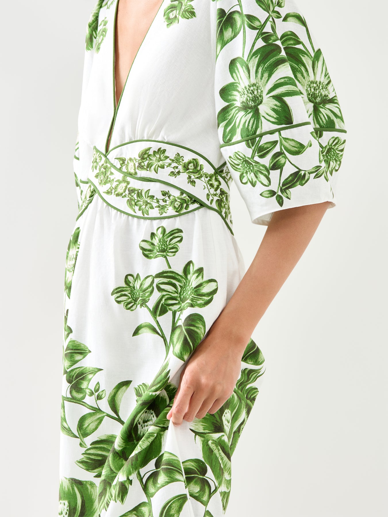 Green Floral Cascade Off-white Short Sleeve Midi Dress