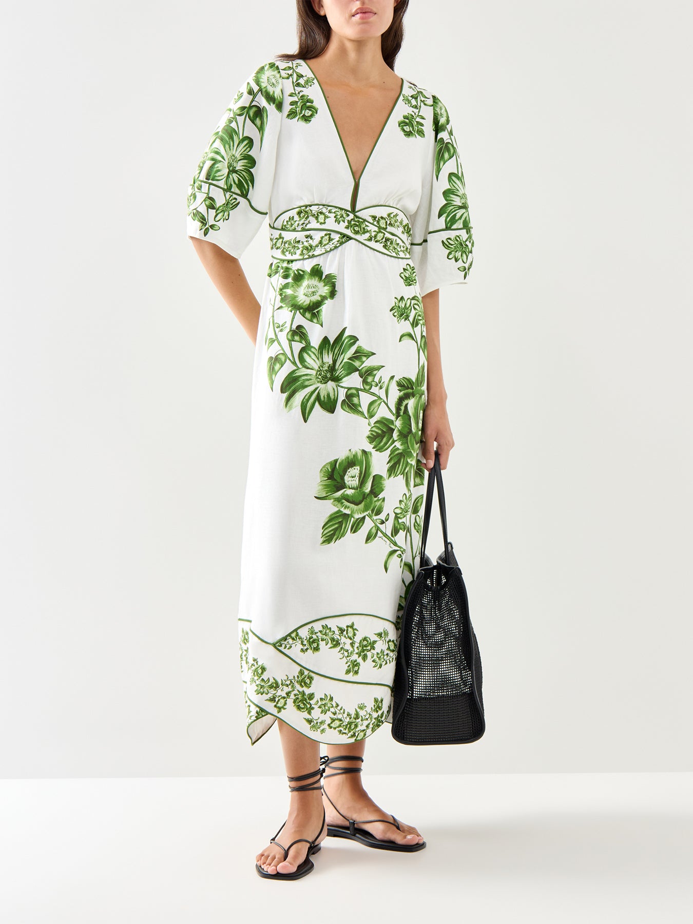 Green Floral Cascade Off-white Short Sleeve Midi Dress