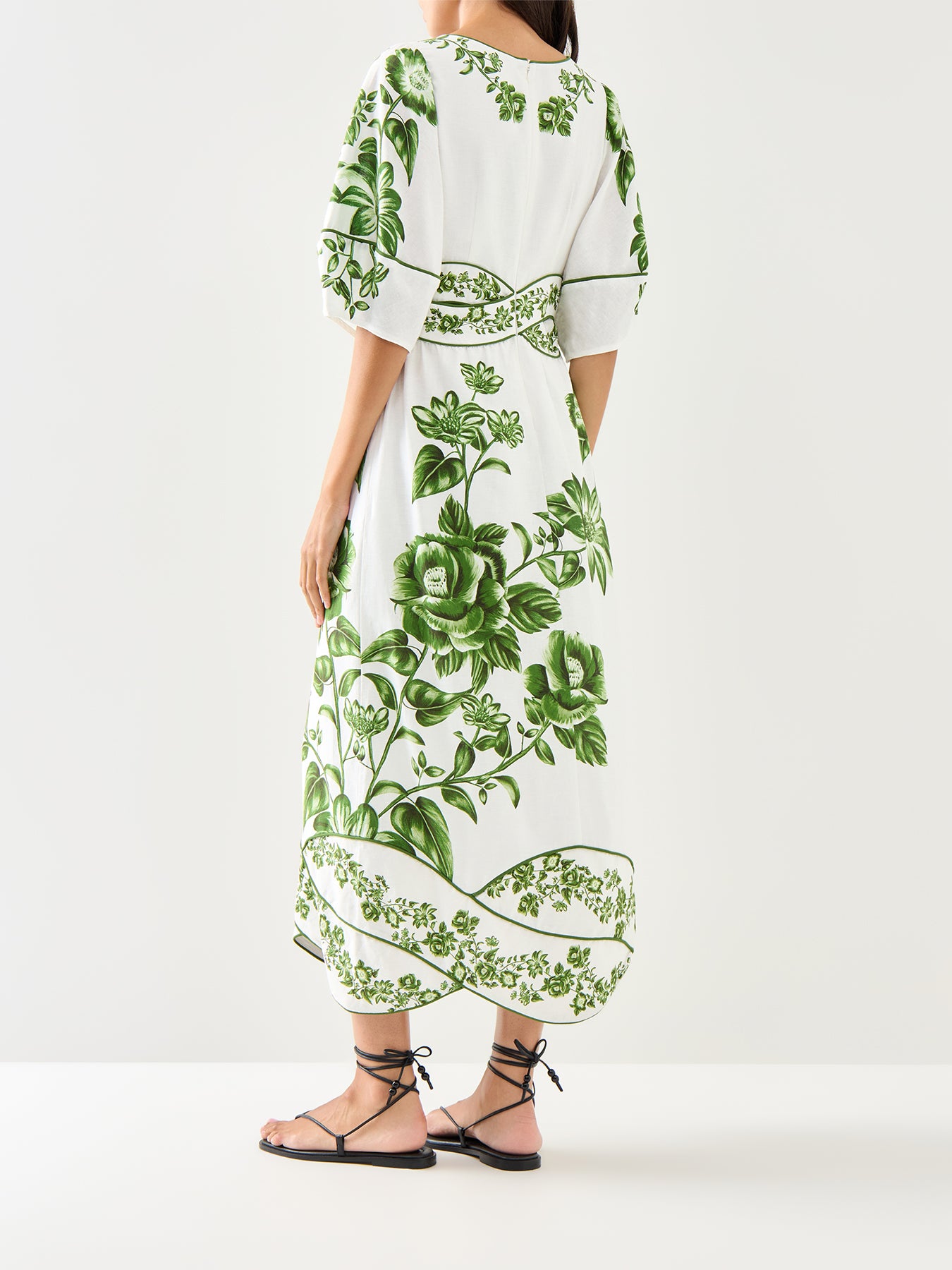 Green Floral Cascade Off-white Short Sleeve Midi Dress