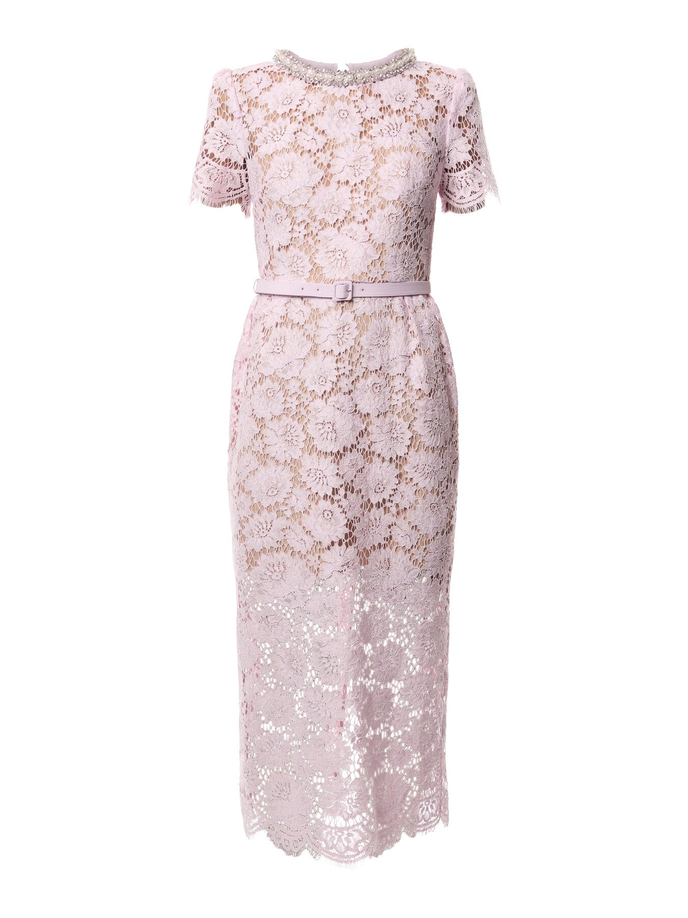 Pink Fine Lace Pearl Midi Dress