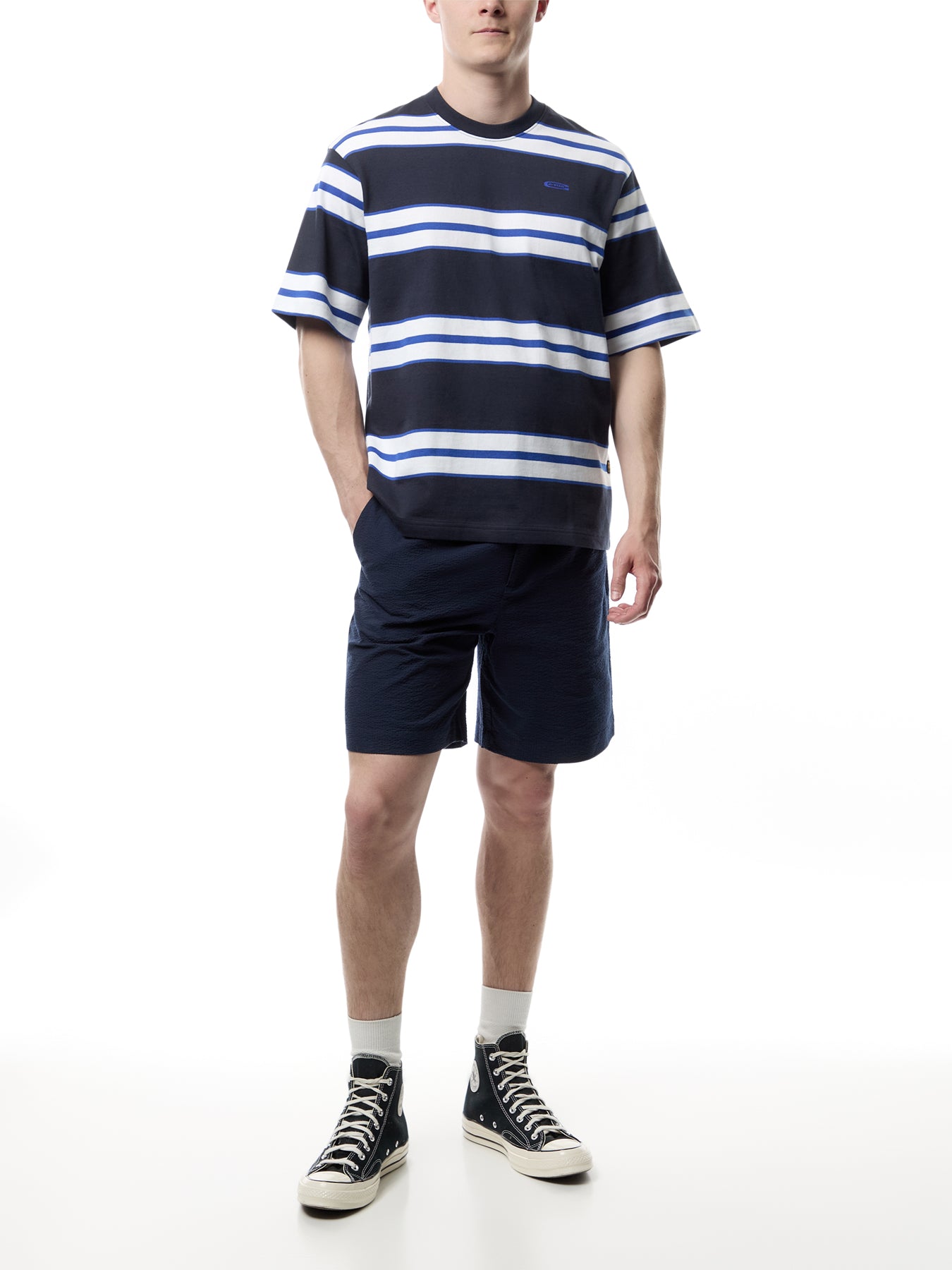 Linton Navy Cotton Seersucker Pleated Shorts